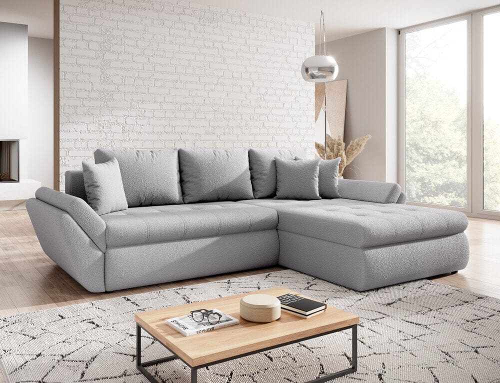 Colțar extensibil cu ladă de depozitare si sezut confortabil din spuma HR, Loana Euphoria Dove Grey II 275x185 cm