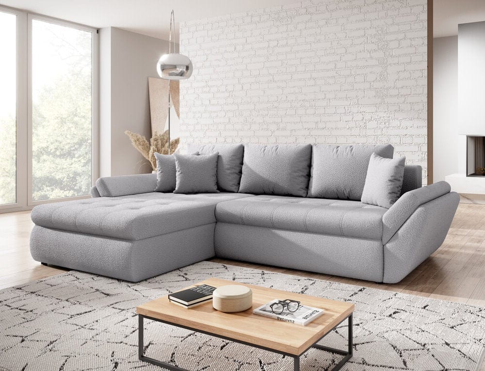 Colțar extensibil cu ladă de depozitare si sezut confortabil din spuma HR, Loana Euphoria Dove Grey 275x185 cm