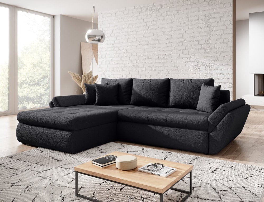 Colțar extensibil cu ladă de depozitare si sezut confortabil din spuma HR, Loana Euphoria Black 275x185 cm