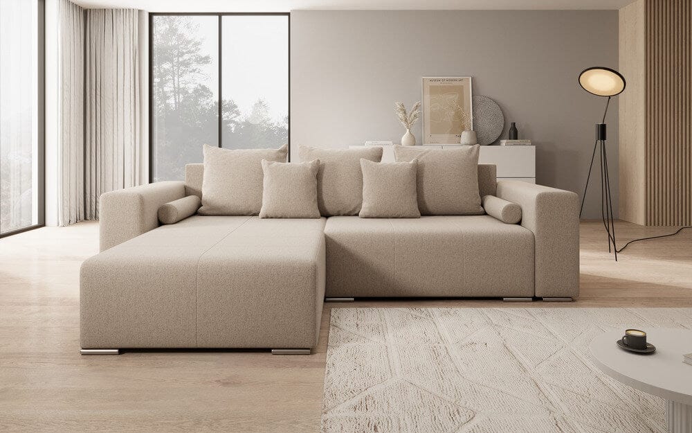 Colțar extensibil cu ladă de depozitare si sezut confortabil din spuma HR, Marbela Beige 275x185 cm