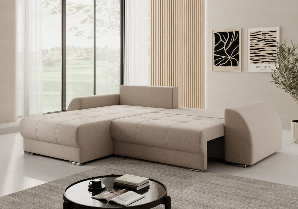 Colțar extensibil cu ladă de depozitare si sezut confortabil din spuma HR, Verona Beige 280x185 cm