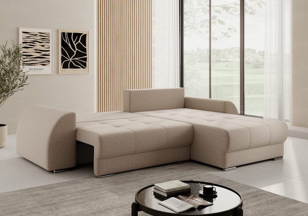 Colțar extensibil cu ladă de depozitare si sezut confortabil din spuma HR, Verona Beige II 280x185 cm