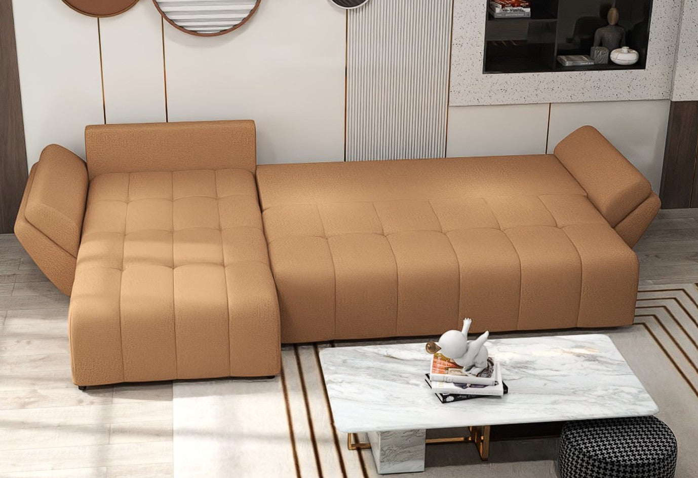 Colțar extensibil dumonde cu ladă de depozitare si sezut confortabil din spuma HR, Berlin XL Enjoy Mango 350x185 cm Fabrica