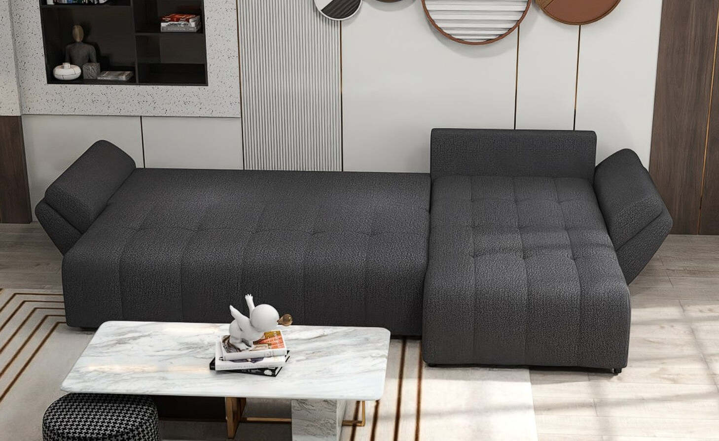 Colțar extensibil dumonde cu ladă de depozitare si sezut confortabil din spuma HR, Berlin XL Enjoy Graphite 350x185 cm Fabrica