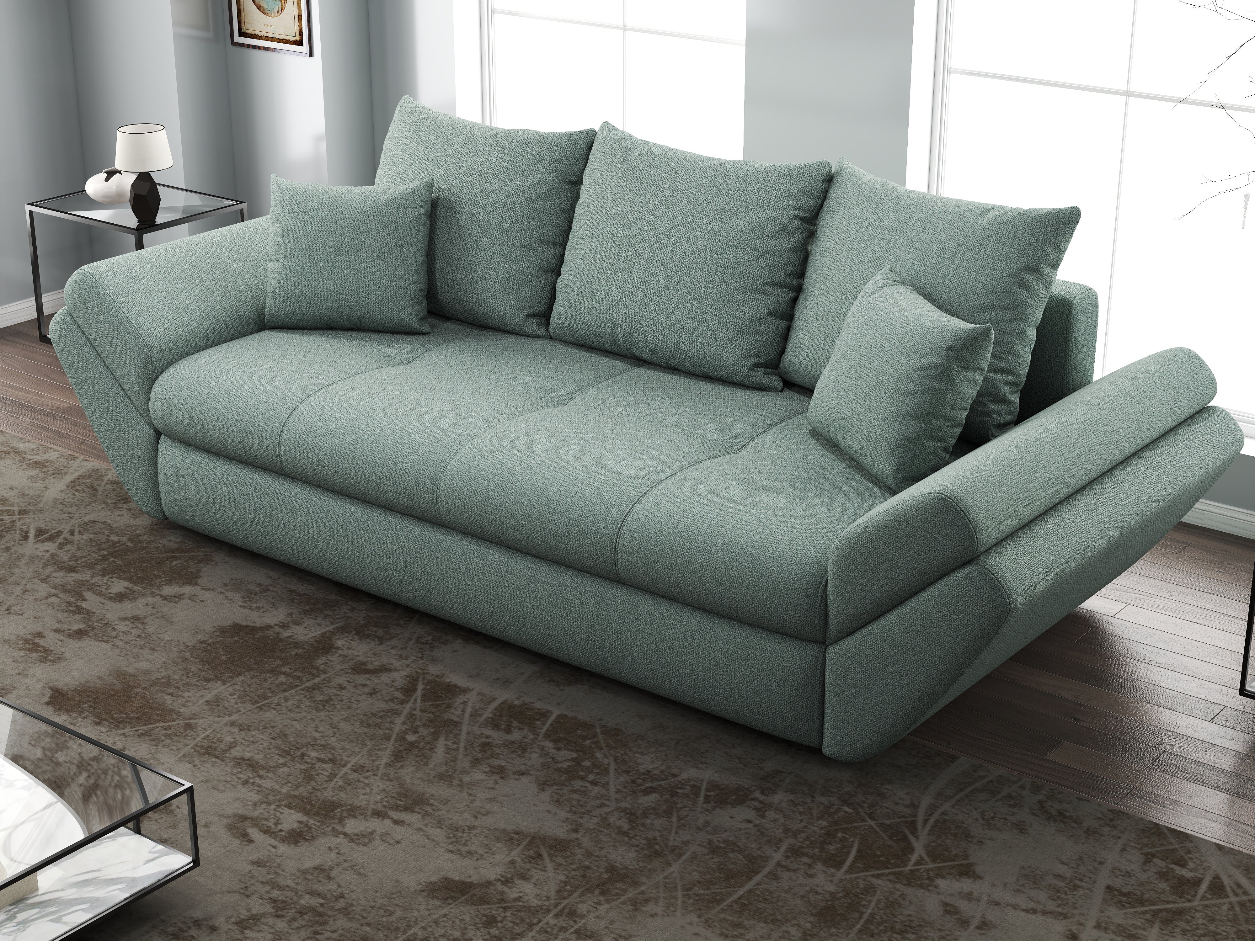 Canapea extensibilă dumonde cu ladă de depozitare si sezut confortabil din spuma HR, Loana Mint 250x100 cm Fabrica