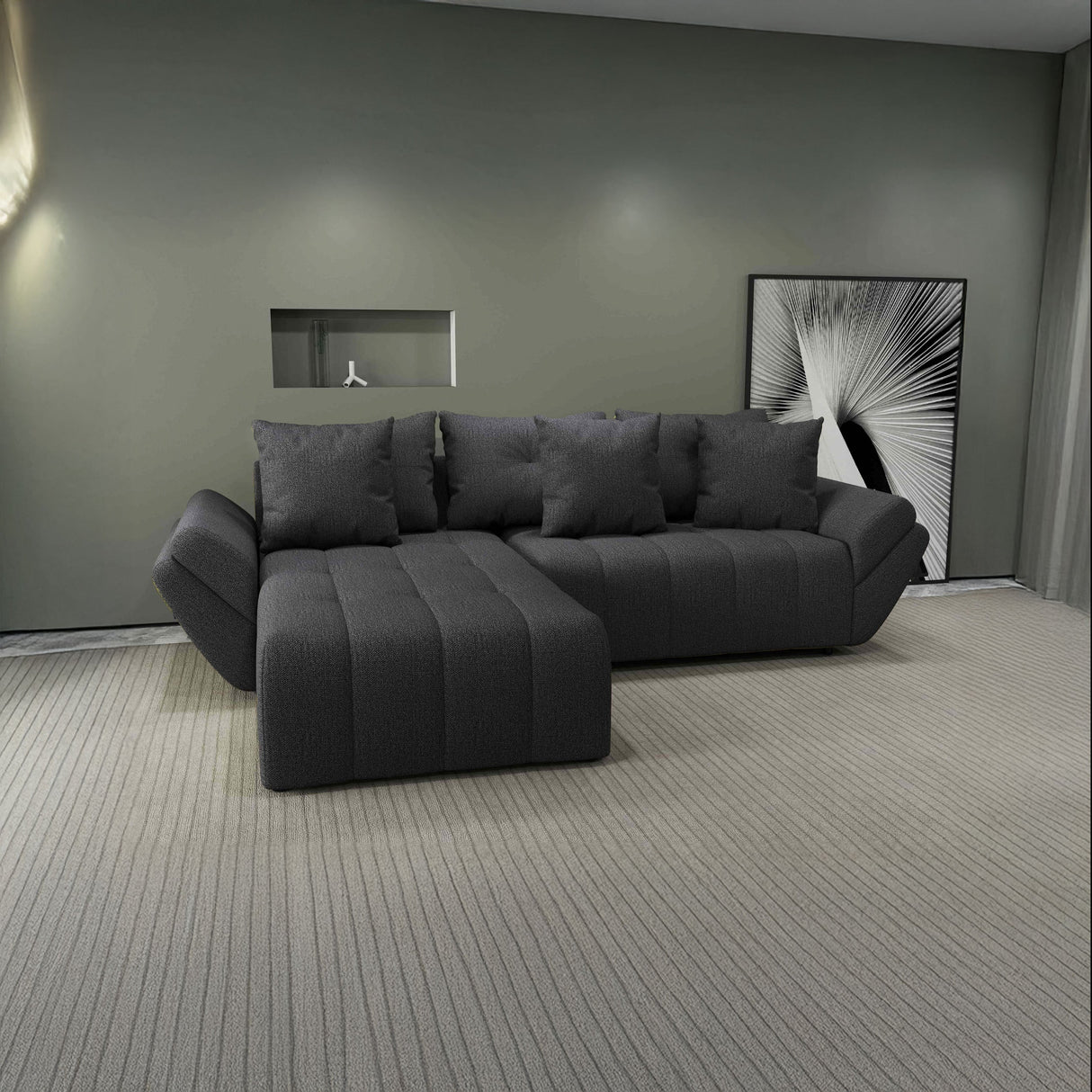 Colțar extensibil dumonde cu ladă de depozitare si sezut confortabil din spuma HR, Berlin Enjoy Gri Grafit 280x185 cm Fabrica