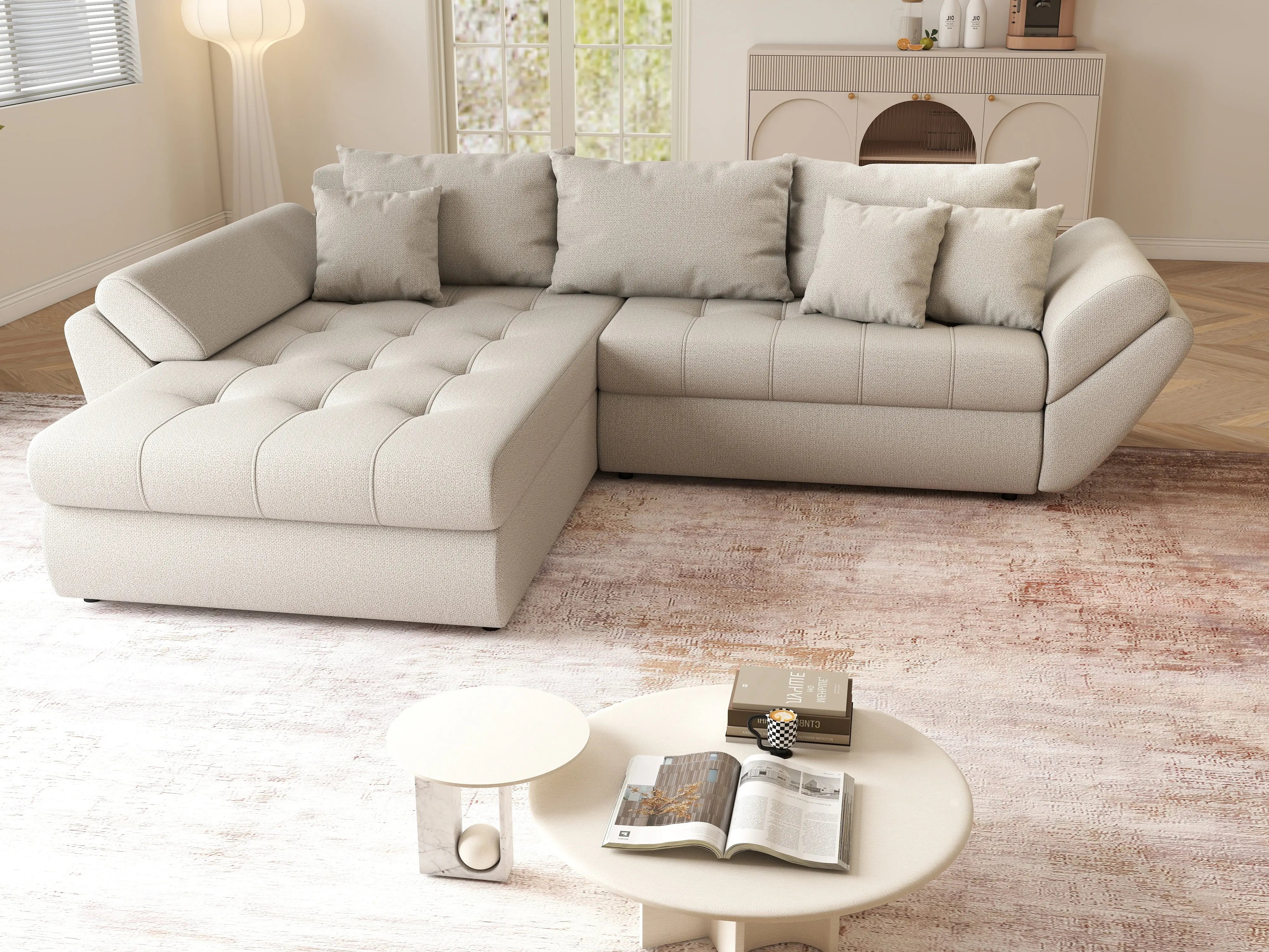 Colțar extensibil dumonde cu ladă de depozitare si sezut confortabil din spuma HR, Loana Bej 270x185 cm Fabrica