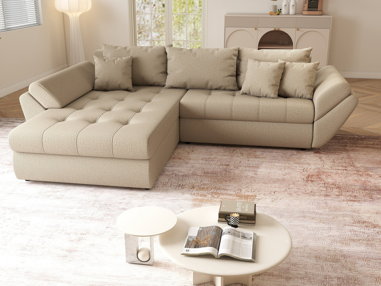 Colțar extensibil dumonde cu ladă de depozitare si sezut confortabil din spuma HR, Loana Camel 270x185 cm Fabrica