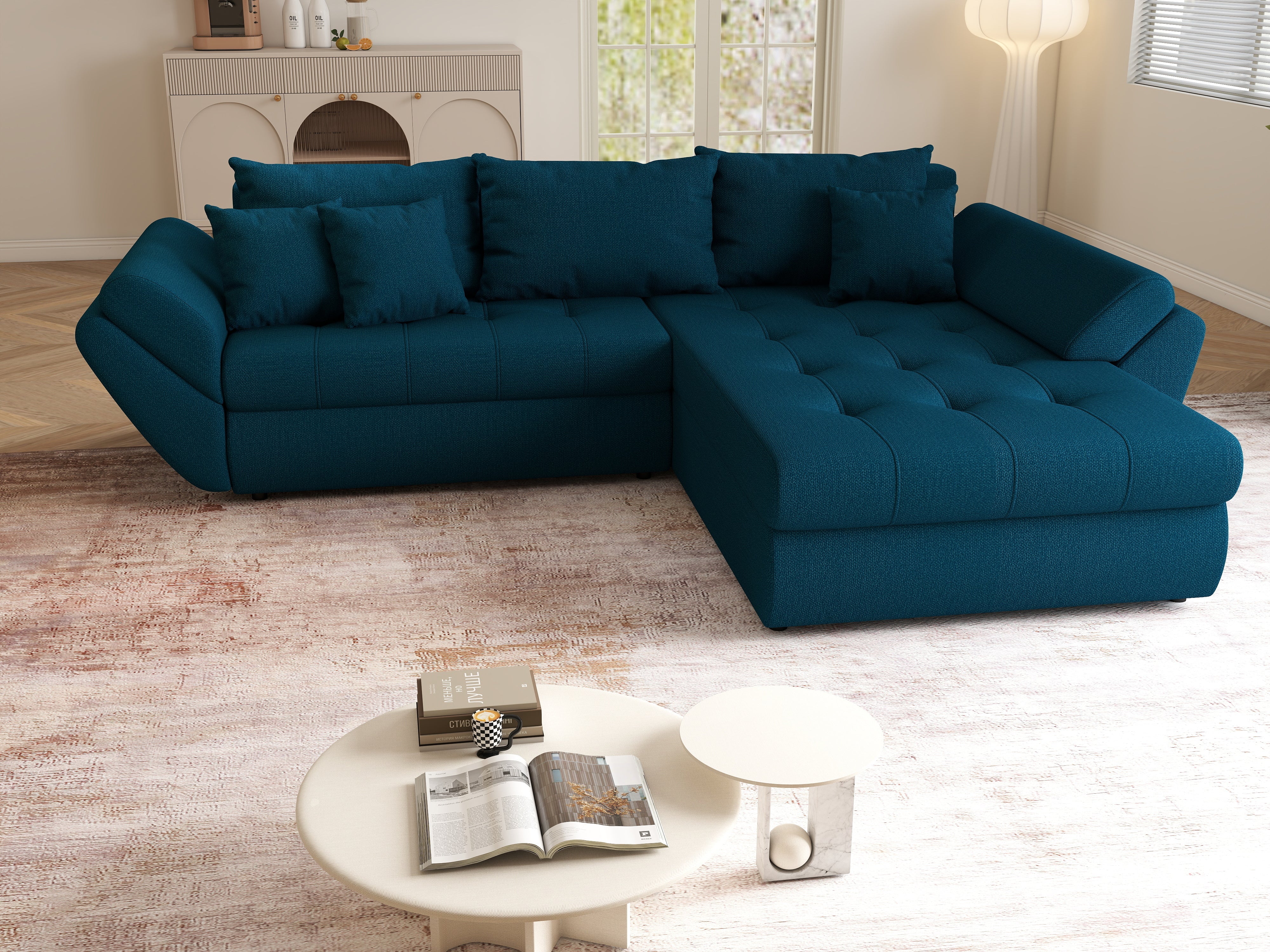Colțar extensibil dumonde cu ladă de depozitare si sezut confortabil din spuma HR, Loana Petrol Green II 270x185 cm Fabrica