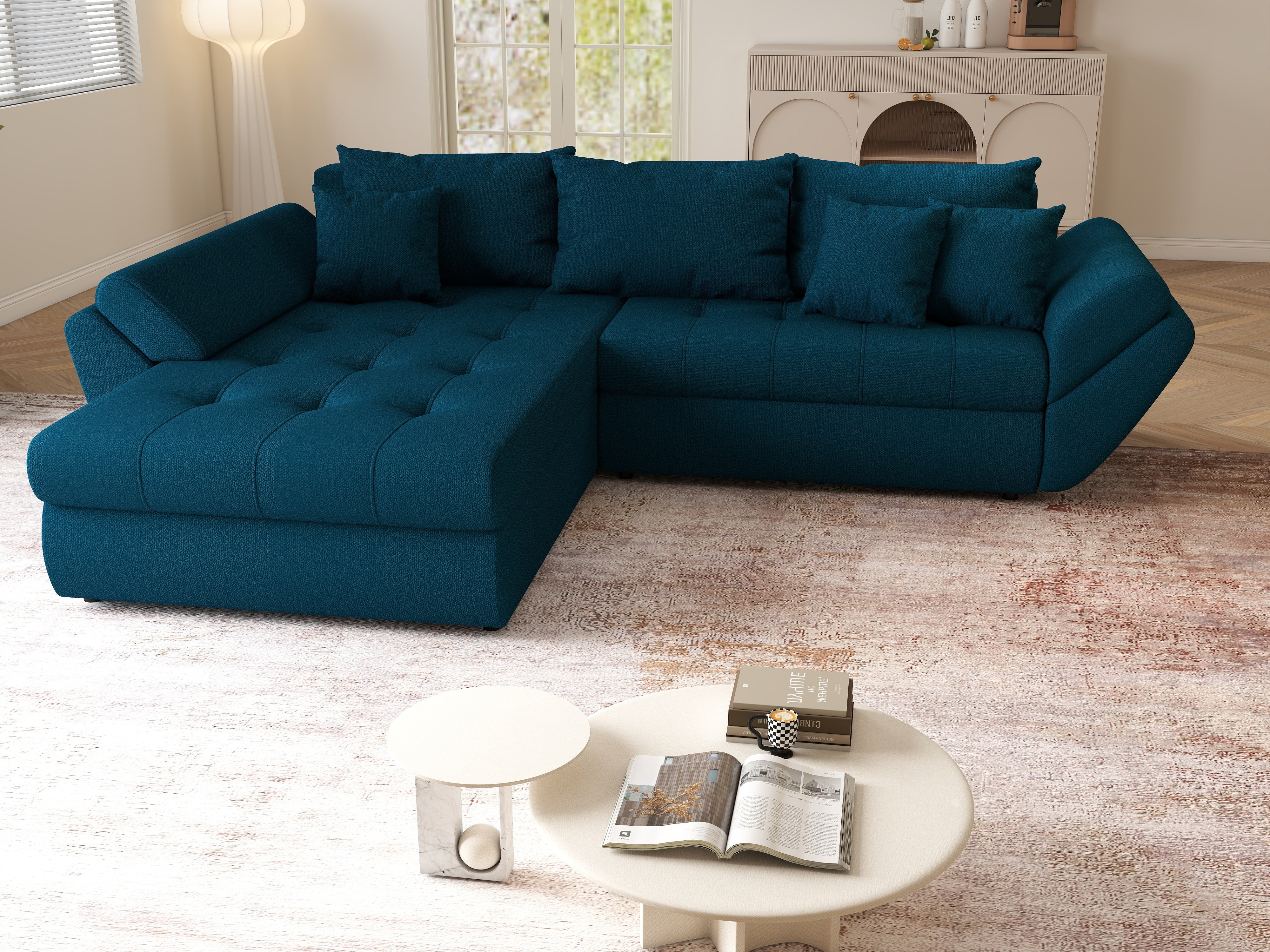 Colțar extensibil dumonde cu ladă de depozitare si sezut confortabil din spuma HR, Loana Petrol Green 270x185 cm Fabrica