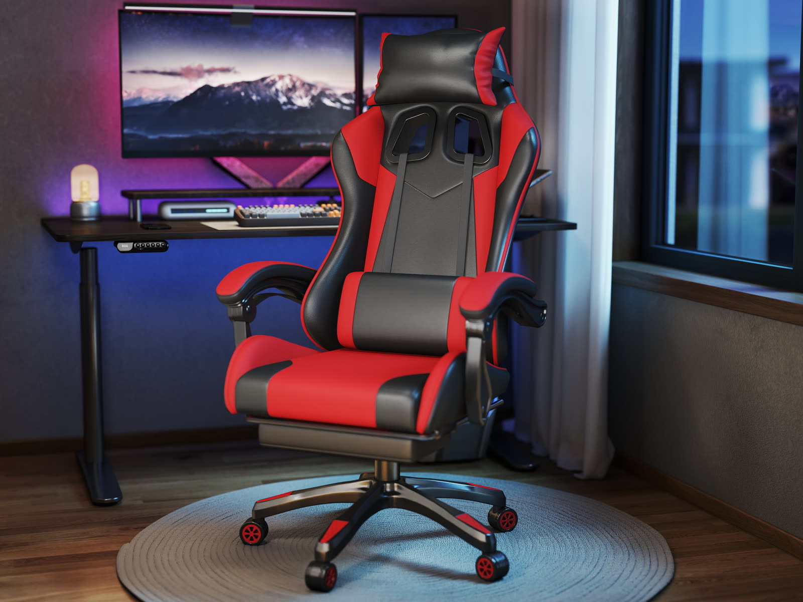 Scaun gaming Dumonde PHANTOM, mecanism multifuncțional, ecopiele, suport picioare, rosu/negru