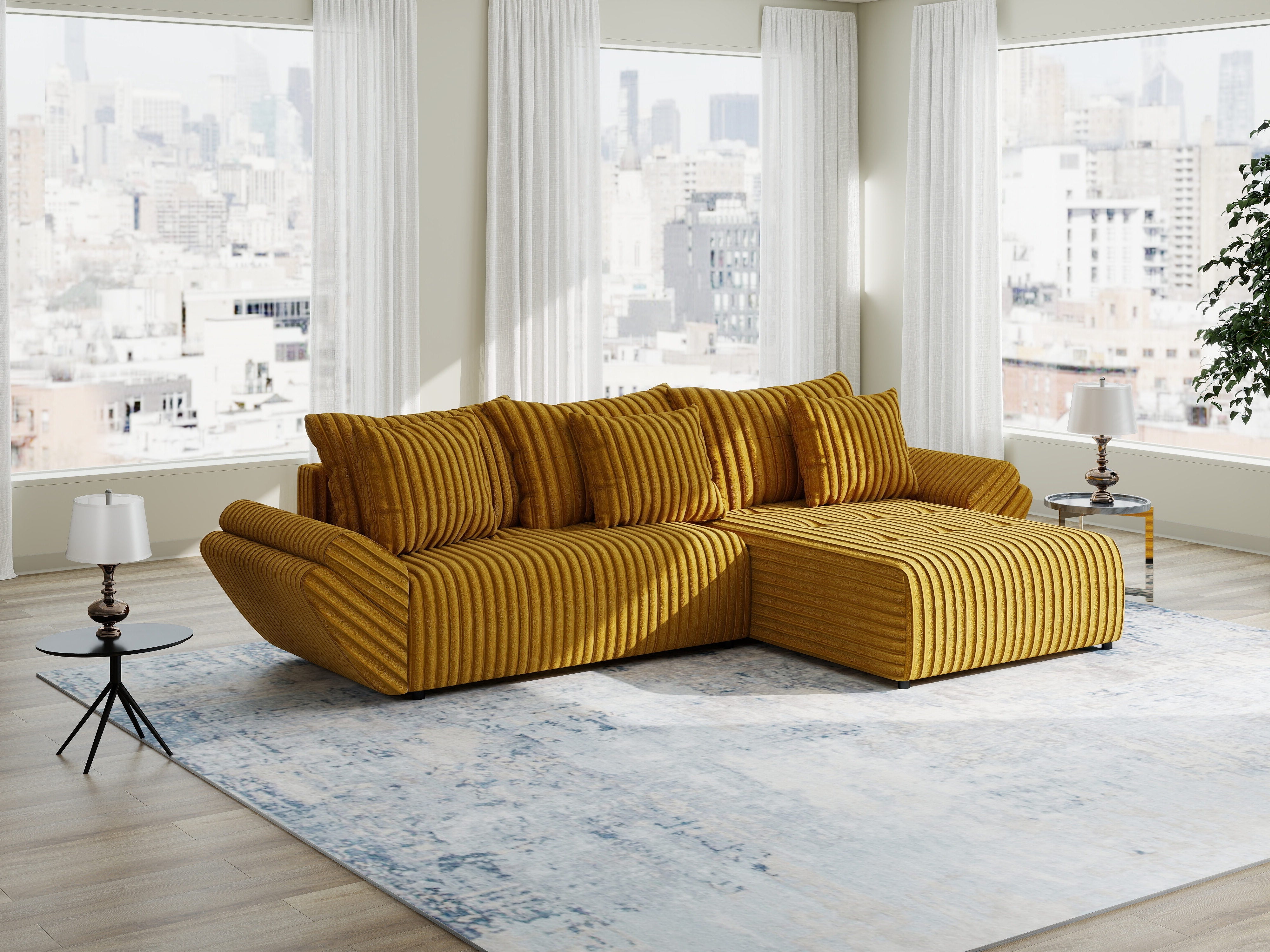 Colțar extensibil dumonde cu ladă de depozitare si sezut confortabil din spuma high-density, Berlin Ambience Mustar 280x185 cm II