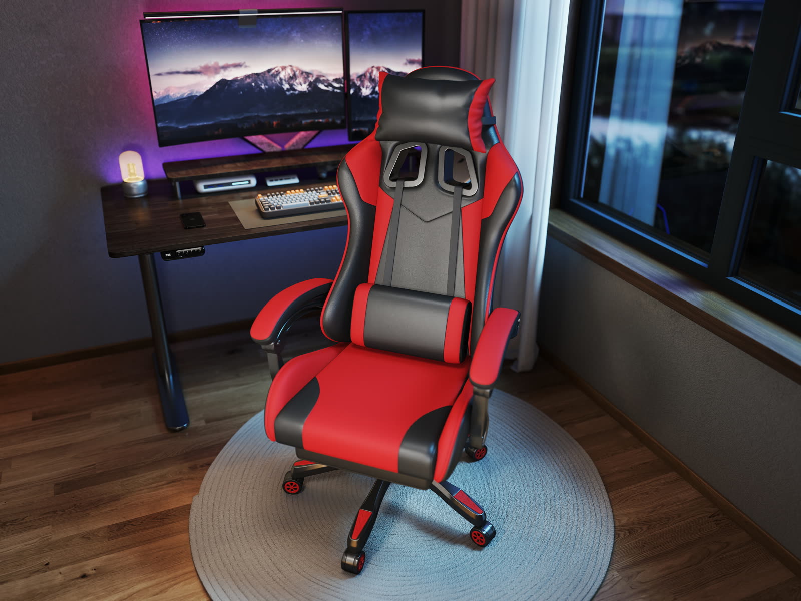 Scaun gaming Dumonde PHANTOM, mecanism multifuncțional, ecopiele, suport picioare, rosu/negru