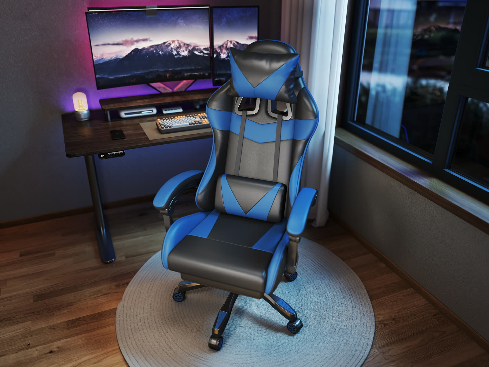 Scaun gaming Dumonde VALKYRIE, mecanism multifuncțional, ecopiele, suport picioare, albastru/negru