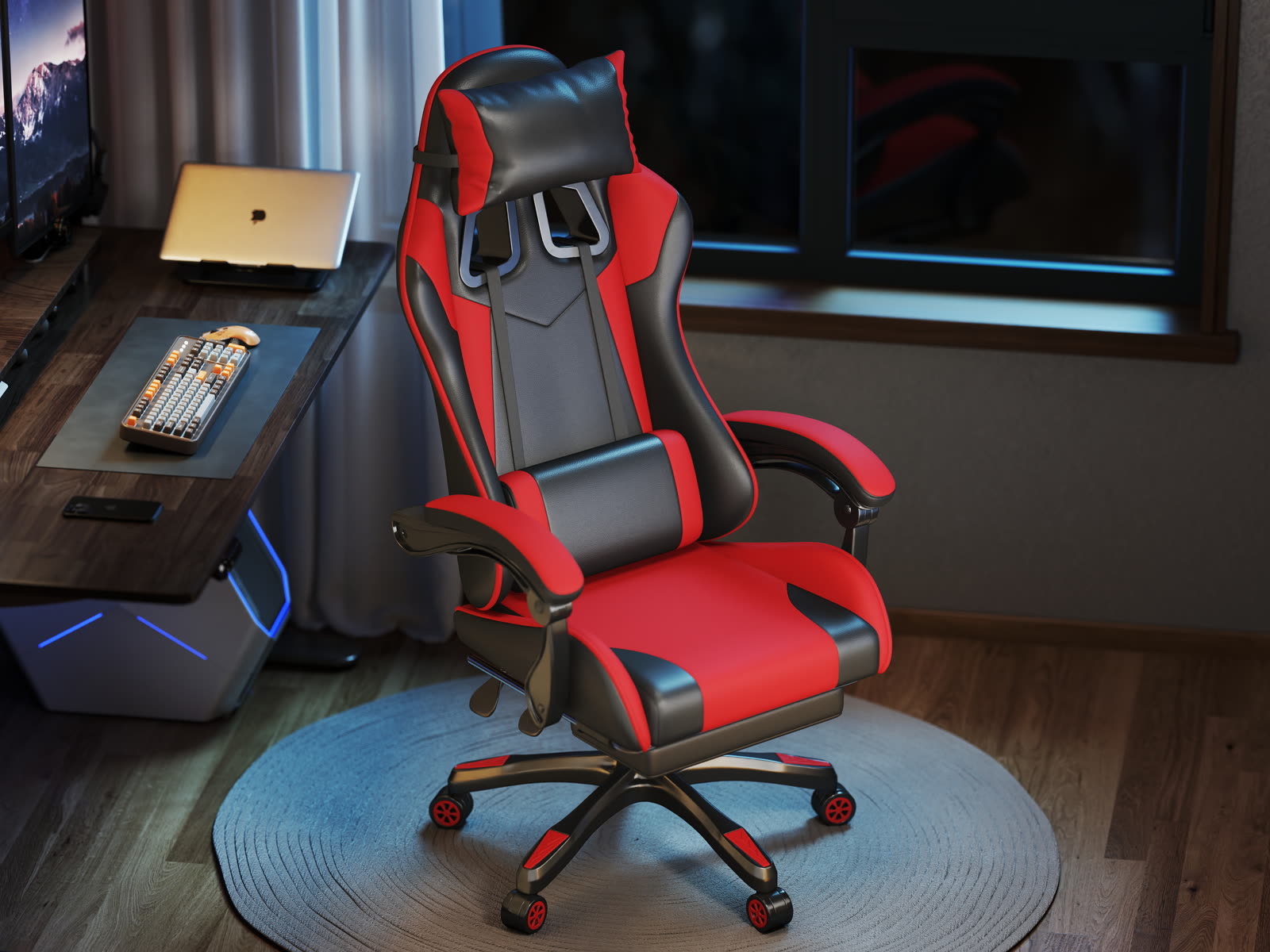 Scaun gaming Dumonde PHANTOM, mecanism multifuncțional, ecopiele, suport picioare, rosu/negru