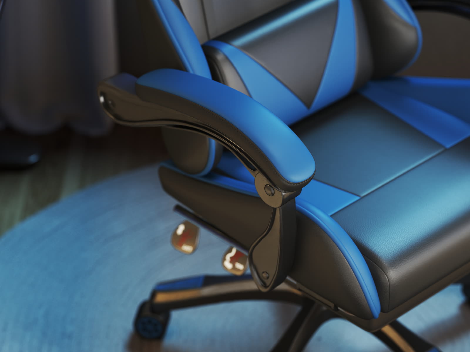 Scaun gaming Dumonde VALKYRIE, mecanism multifuncțional, ecopiele, suport picioare, albastru/negru