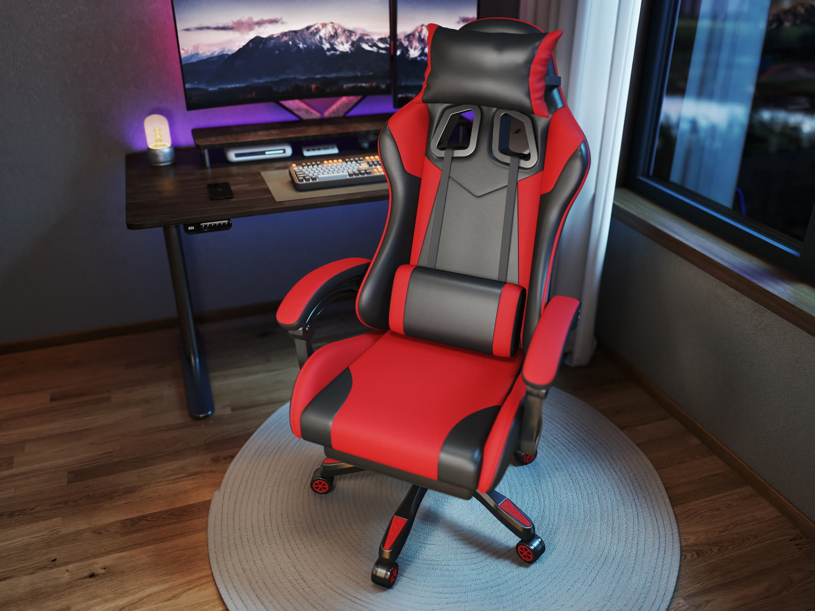 Scaun gaming Dumonde PHANTOM, mecanism multifuncțional, ecopiele, suport picioare, rosu/negru