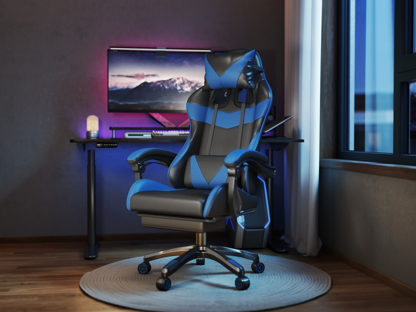 Scaun gaming Dumonde VALKYRIE, mecanism multifuncțional, ecopiele, suport picioare, albastru/negru