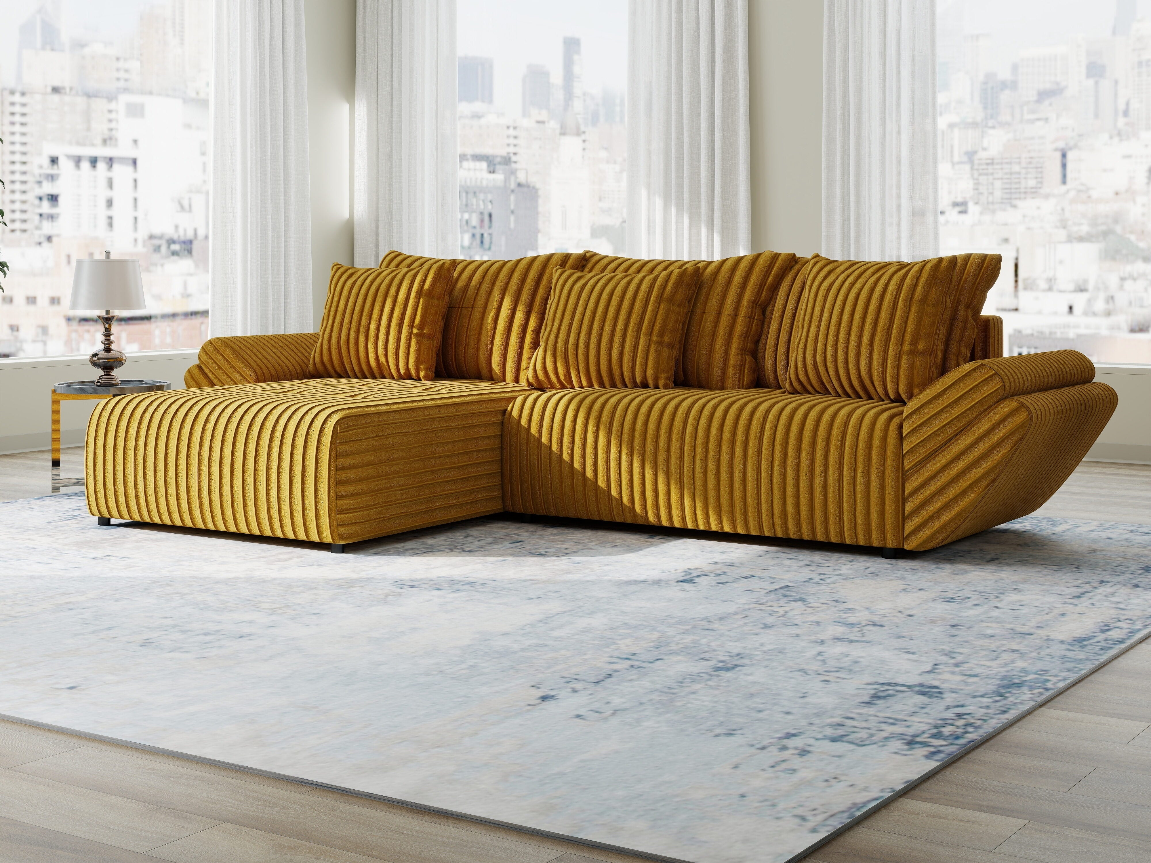 Colțar extensibil dumonde cu ladă de depozitare si sezut confortabil din spuma HR, Berlin Ambience Mustar 280x185 cm