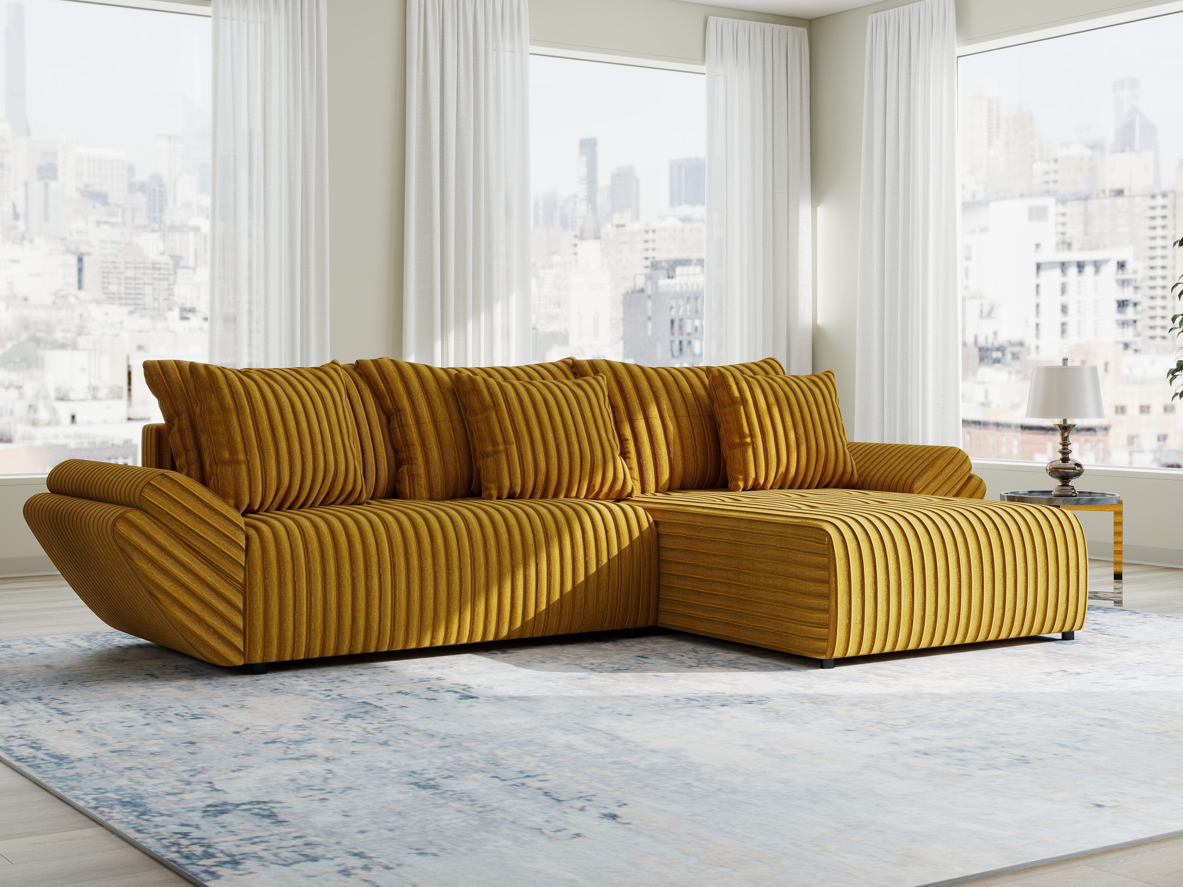 Colțar extensibil dumonde cu ladă de depozitare si sezut confortabil din spuma high-density, Berlin Ambience Mustar 280x185 cm II