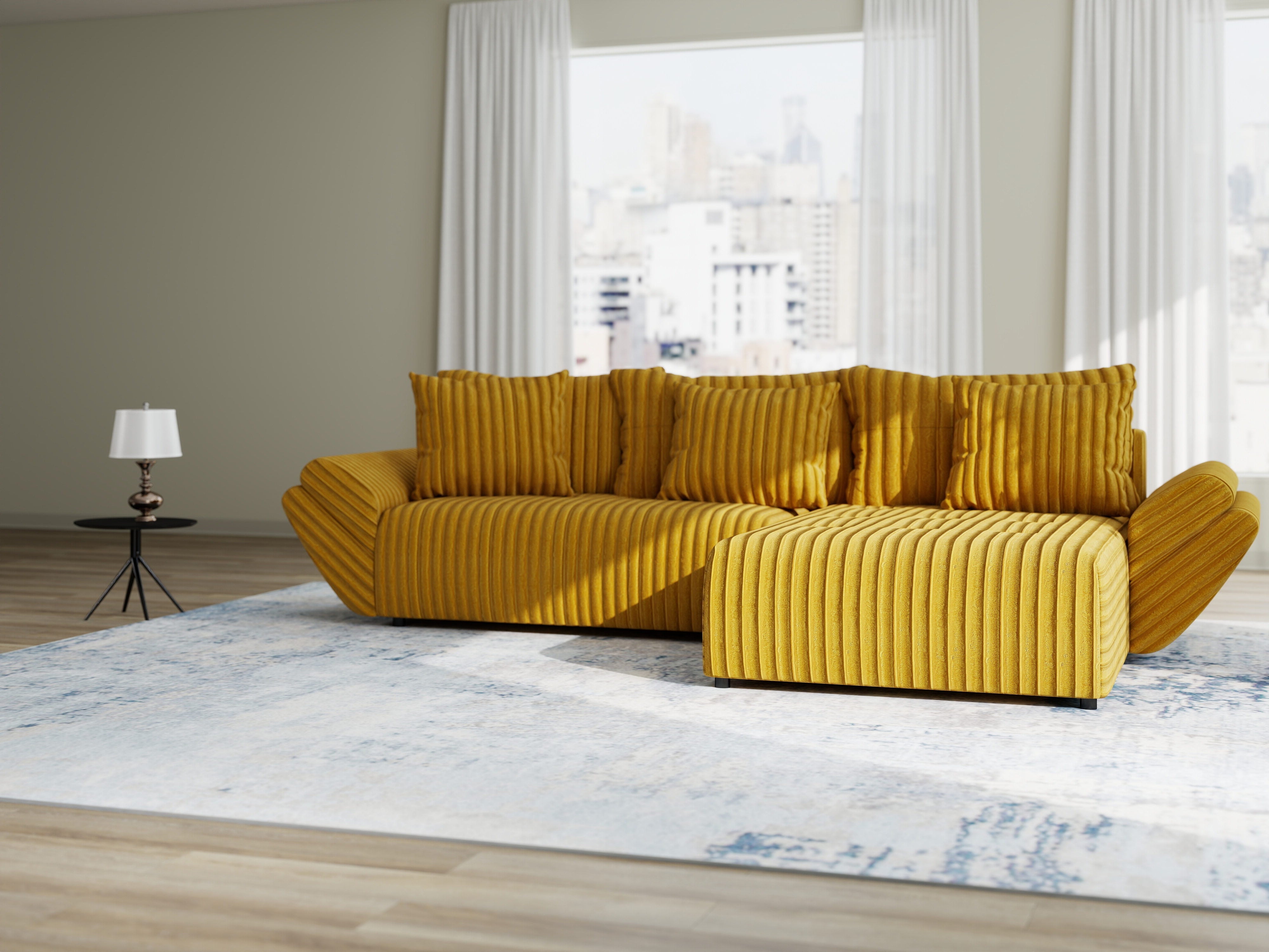 Colțar extensibil dumonde cu ladă de depozitare si sezut confortabil din spuma high-density, Berlin Ambience Mustar 280x185 cm II