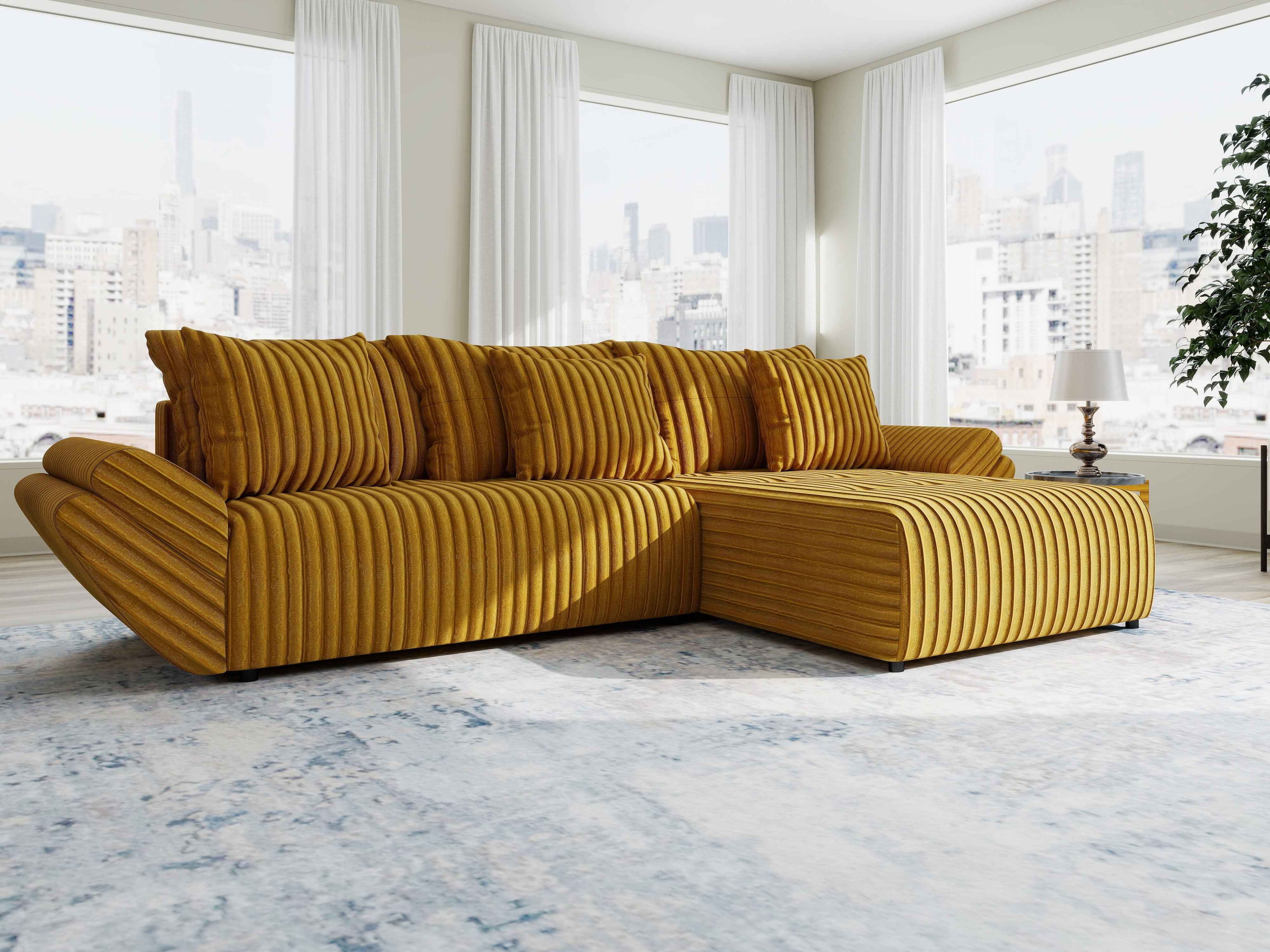Colțar extensibil dumonde cu ladă de depozitare si sezut confortabil din spuma high-density, Berlin Ambience Mustar 280x185 cm II