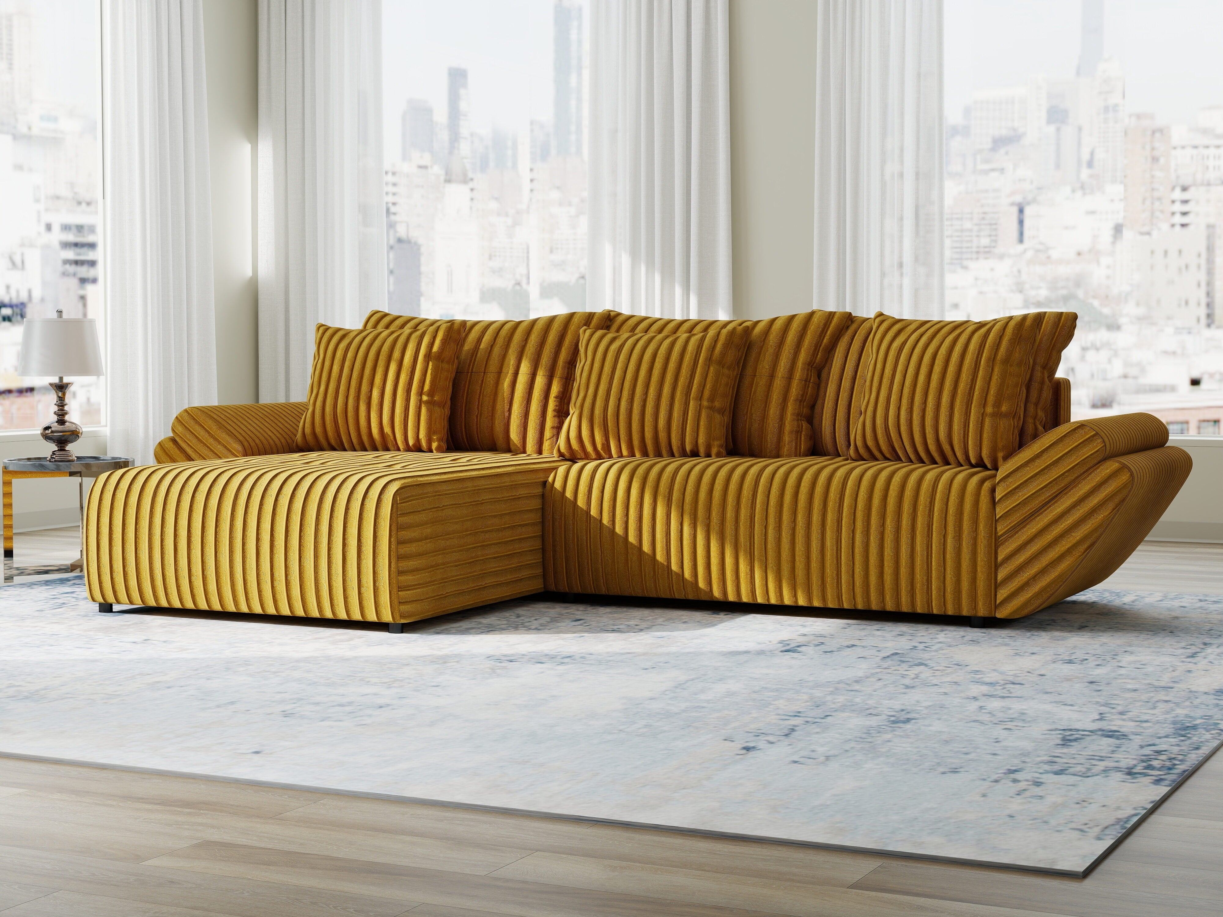 Colțar extensibil dumonde cu ladă de depozitare si sezut confortabil din spuma HR, Berlin Ambience Mustar 280x185 cm