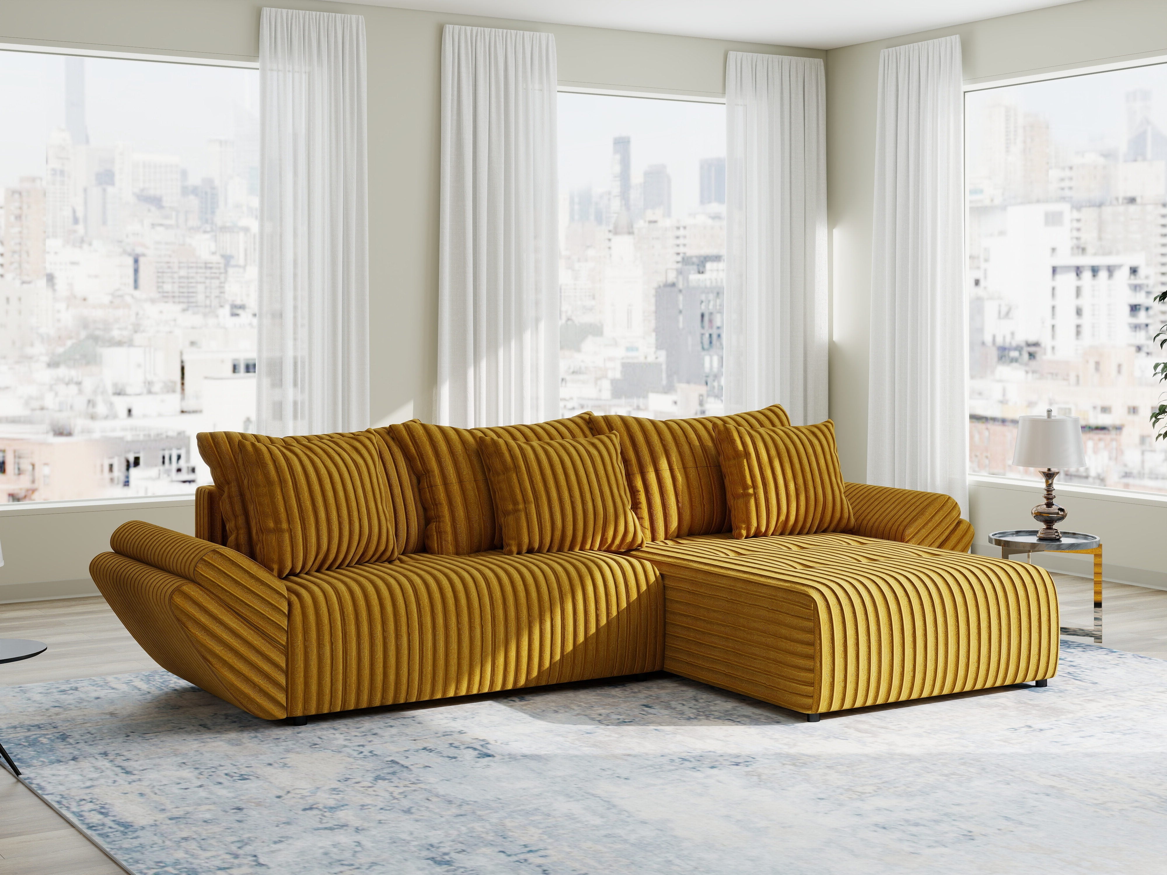 Colțar extensibil dumonde cu ladă de depozitare si sezut confortabil din spuma high-density, Berlin Ambience Mustar 280x185 cm II