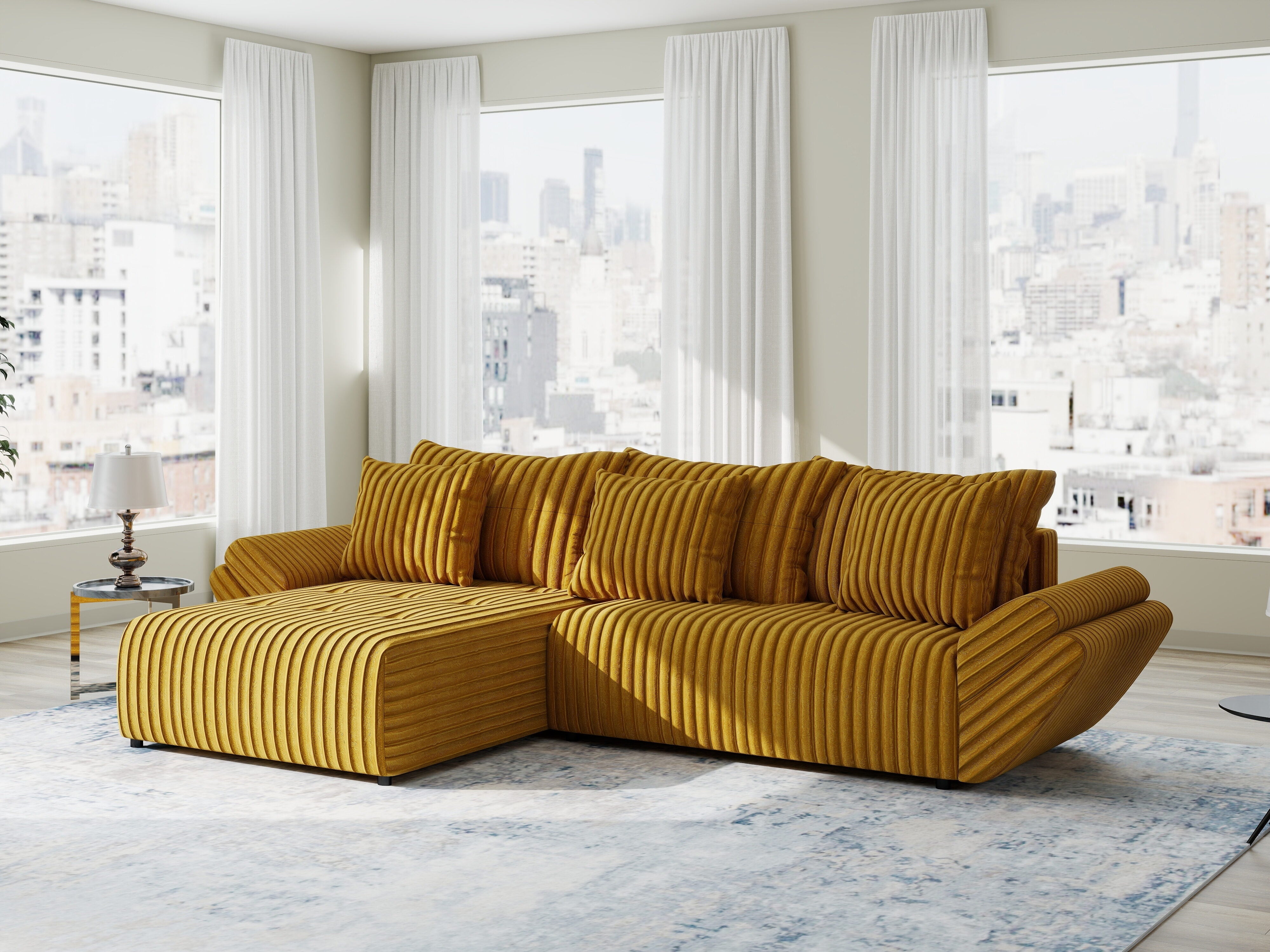 Colțar extensibil dumonde cu ladă de depozitare si sezut confortabil din spuma HR, Berlin Ambience Mustar 280x185 cm