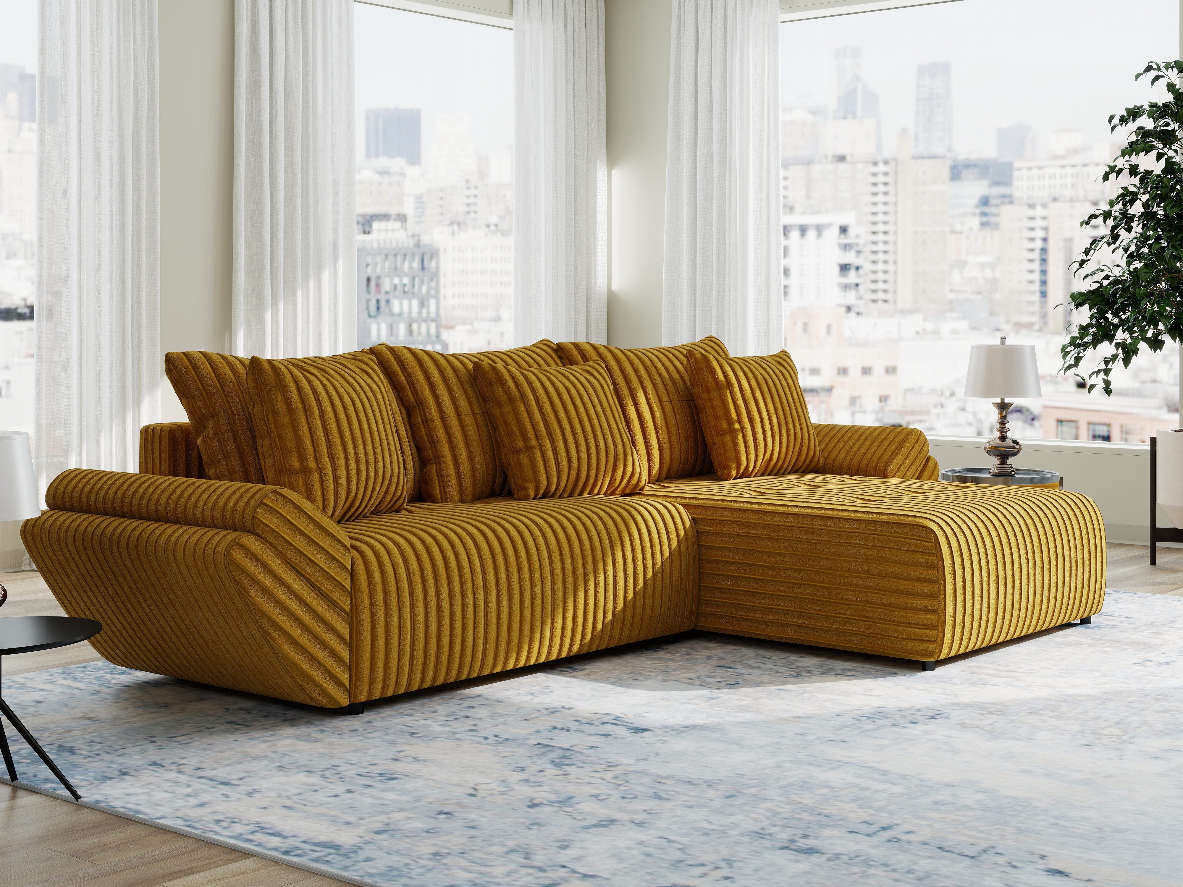 Colțar extensibil dumonde cu ladă de depozitare si sezut confortabil din spuma high-density, Berlin Ambience Mustar 280x185 cm II
