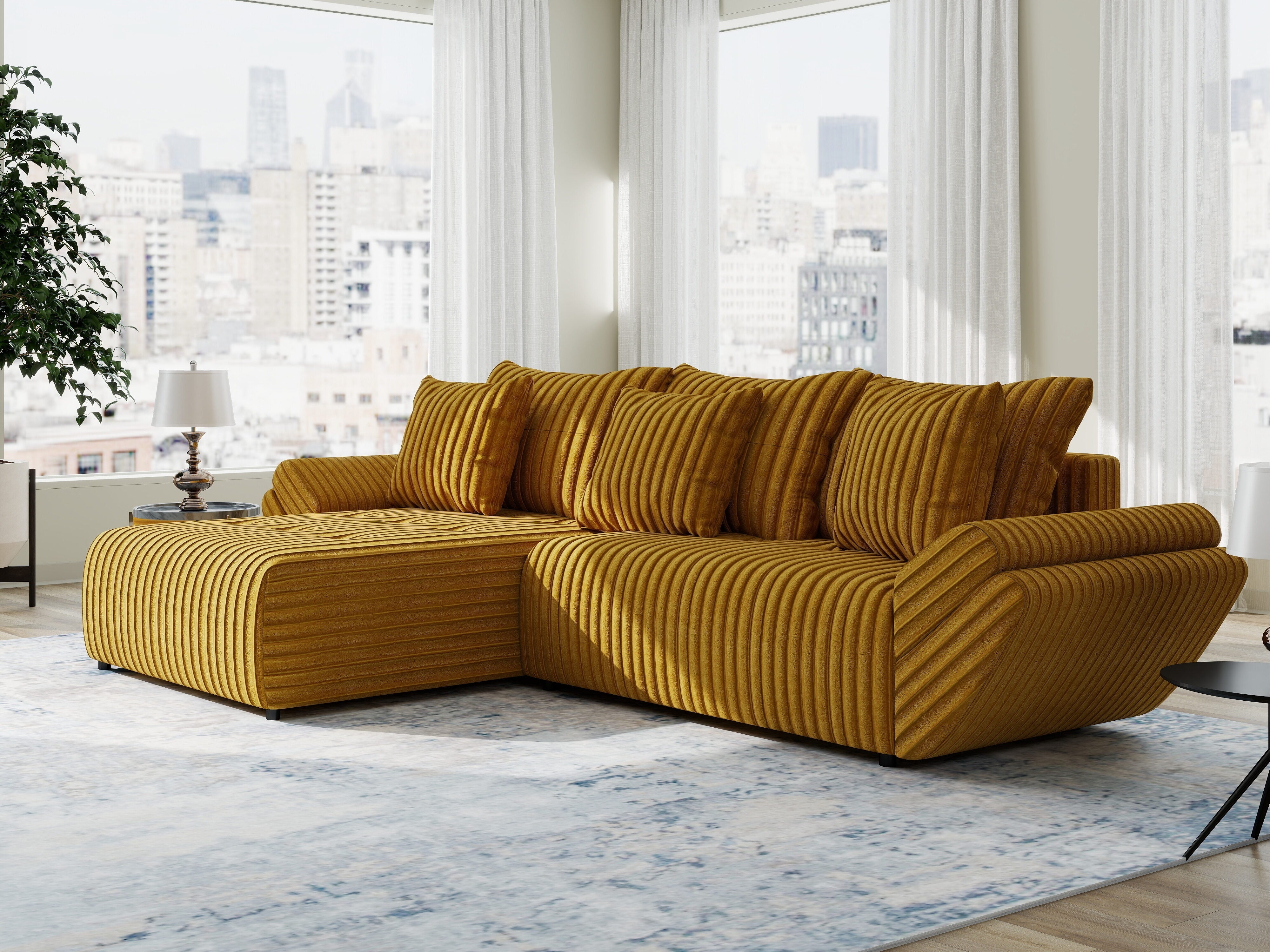 Colțar extensibil dumonde cu ladă de depozitare si sezut confortabil din spuma HR, Berlin Ambience Mustar 280x185 cm