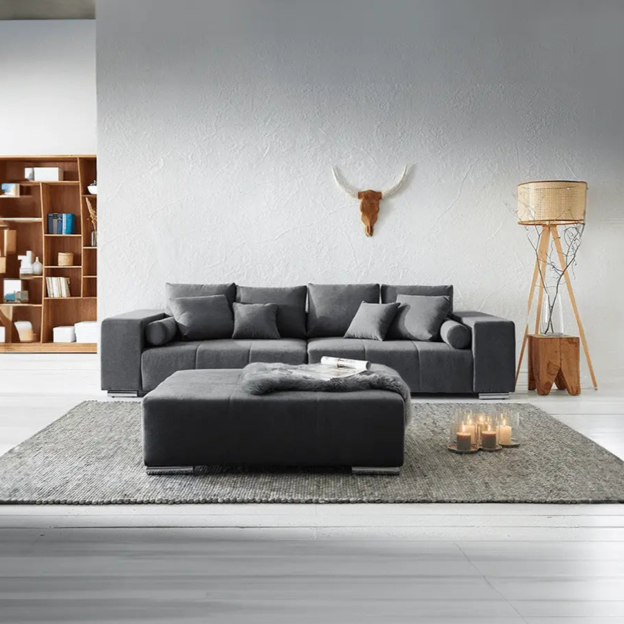 Canapea extensibilă dumonde cu ladă de depozitare si sezut confortabil din spuma HR, Marbela Graphite XXL 295x100 cm cu taburet inclus