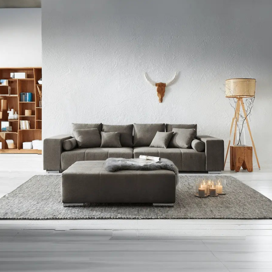 Canapea extensibilă dumonde cu ladă de depozitare si sezut confortabil din spuma HR, Marbela Kaki XXL 295x100 cm cu taburet inclus