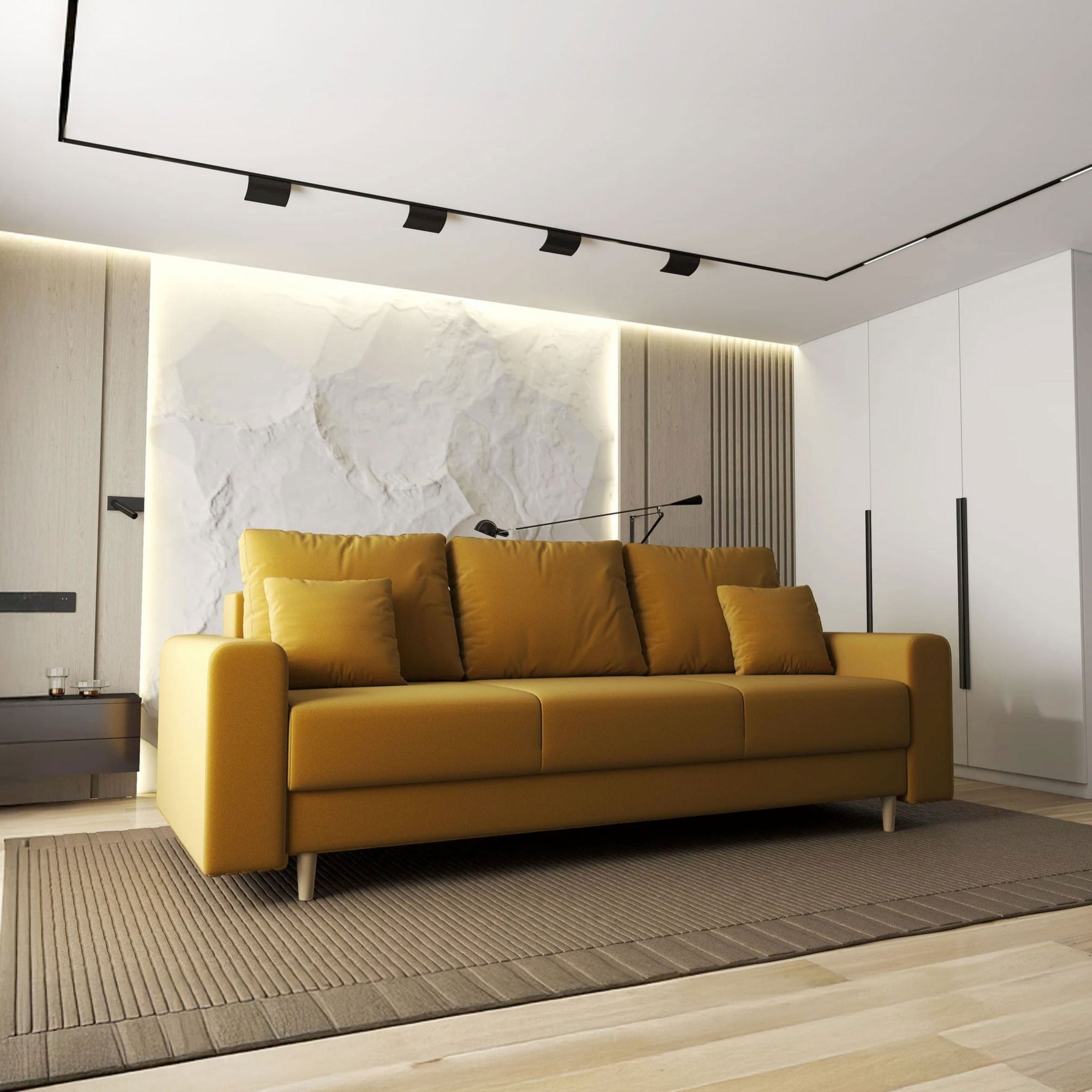 Canapea extensibilă dumonde cu ladă de depozitare si sezut confortabil din spuma HR, Kronos Royal Mustar 210x100 cm fabrica