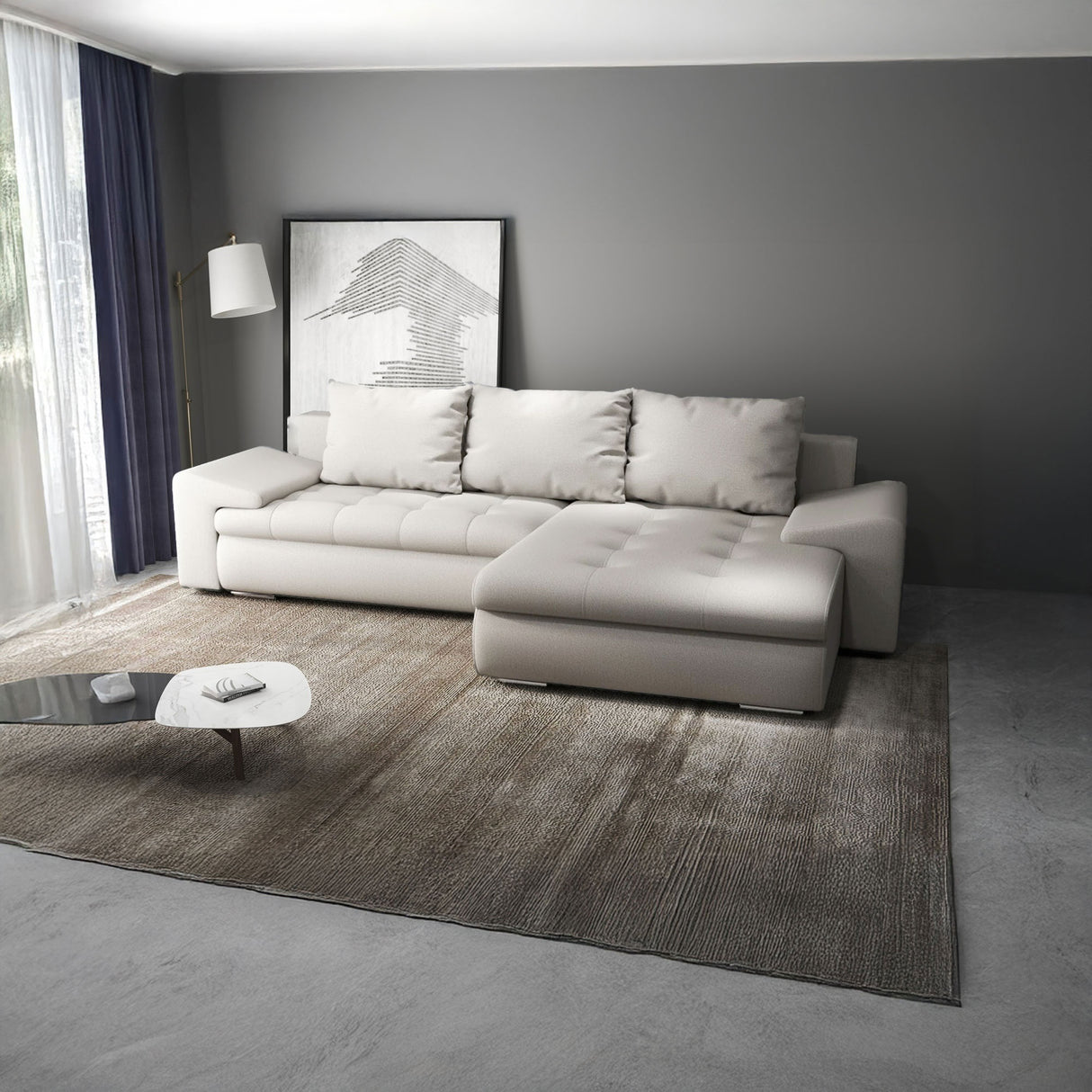 Colțar extensibil dumonde cu ladă de depozitare si sezut confortabil din spuma HR, Leonardo Enjoy Bej 255x193 cm II