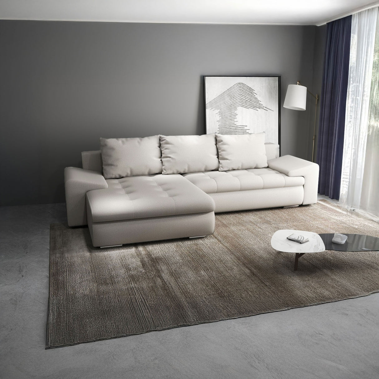 Colțar extensibil dumonde cu ladă de depozitare si sezut confortabil din spuma HR, Leonardo Enjoy Bej 255x193 cm