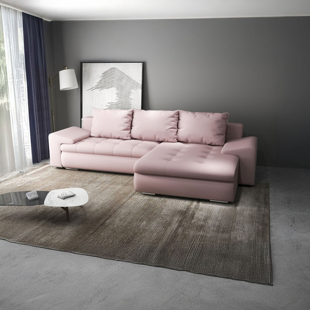 Colțar extensibil dumonde cu ladă de depozitare si sezut confortabil din spuma HR, Leonardo Enjoy Roz 255x193 cm II