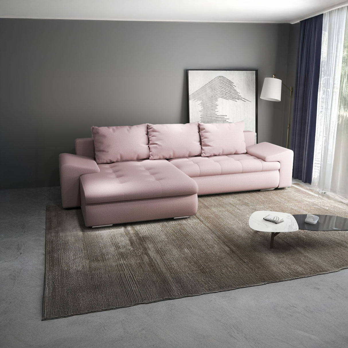 Colțar extensibil dumonde cu ladă de depozitare si sezut confortabil din spuma HR, Leonardo Enjoy Roz 255x193 cm