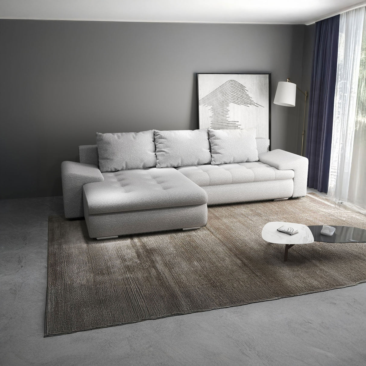Colțar extensibil dumonde cu ladă de depozitare si sezut confortabil din spuma HR, Leonardo Euphoria Gri 255x193 cm