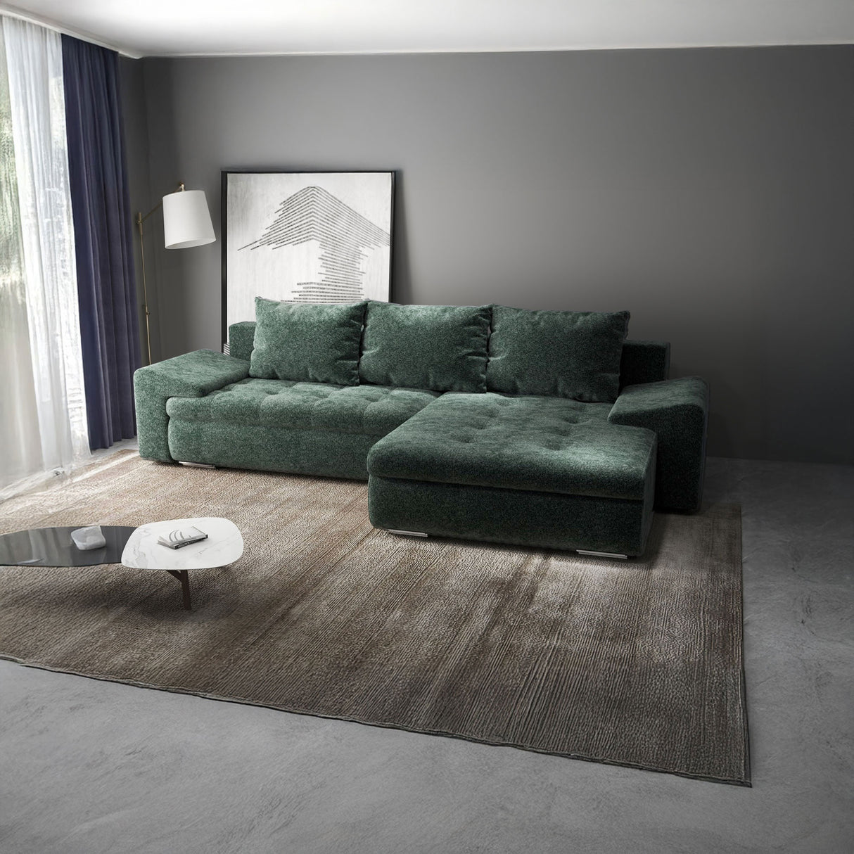 Colțar extensibil dumonde cu ladă de depozitare si sezut confortabil din spuma HR, Leonardo Euphoria Verde 255x193 cm II
