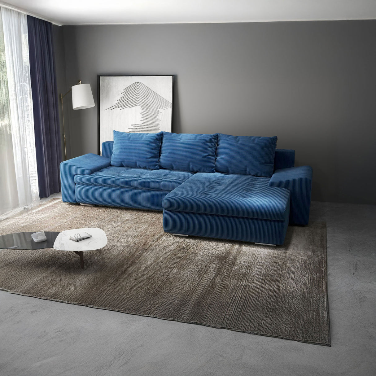 Colțar extensibil dumonde cu ladă de depozitare si sezut confortabil din spuma HR, Leonardo Zoom Albastru 255x193 cm II