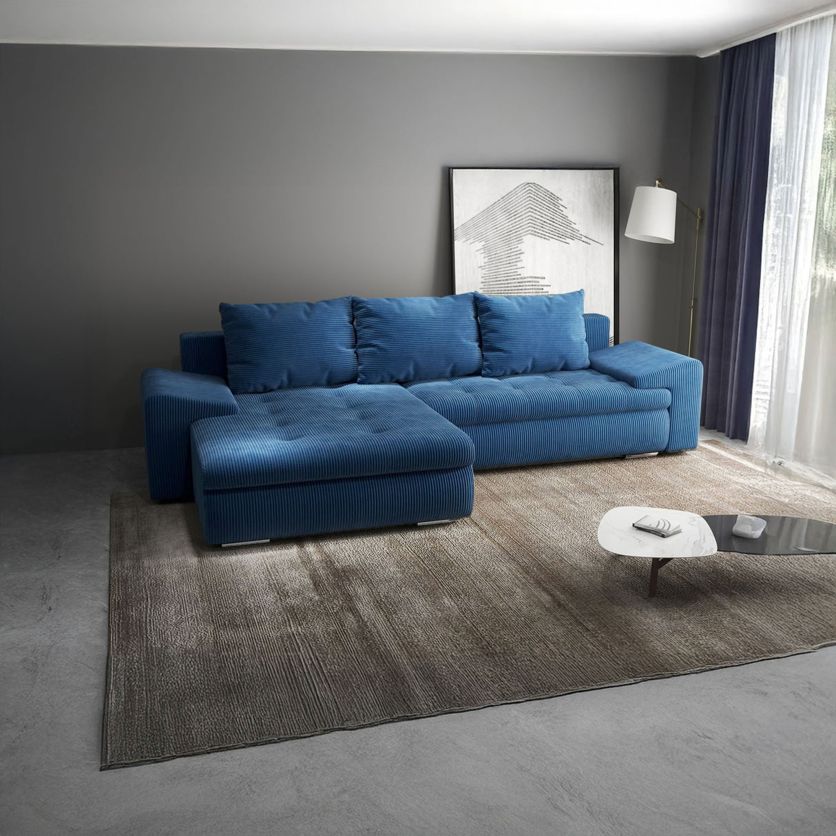 Colțar extensibil dumonde cu ladă de depozitare si sezut confortabil din spuma HR, Leonardo Zoom Albastru 255x193 cm