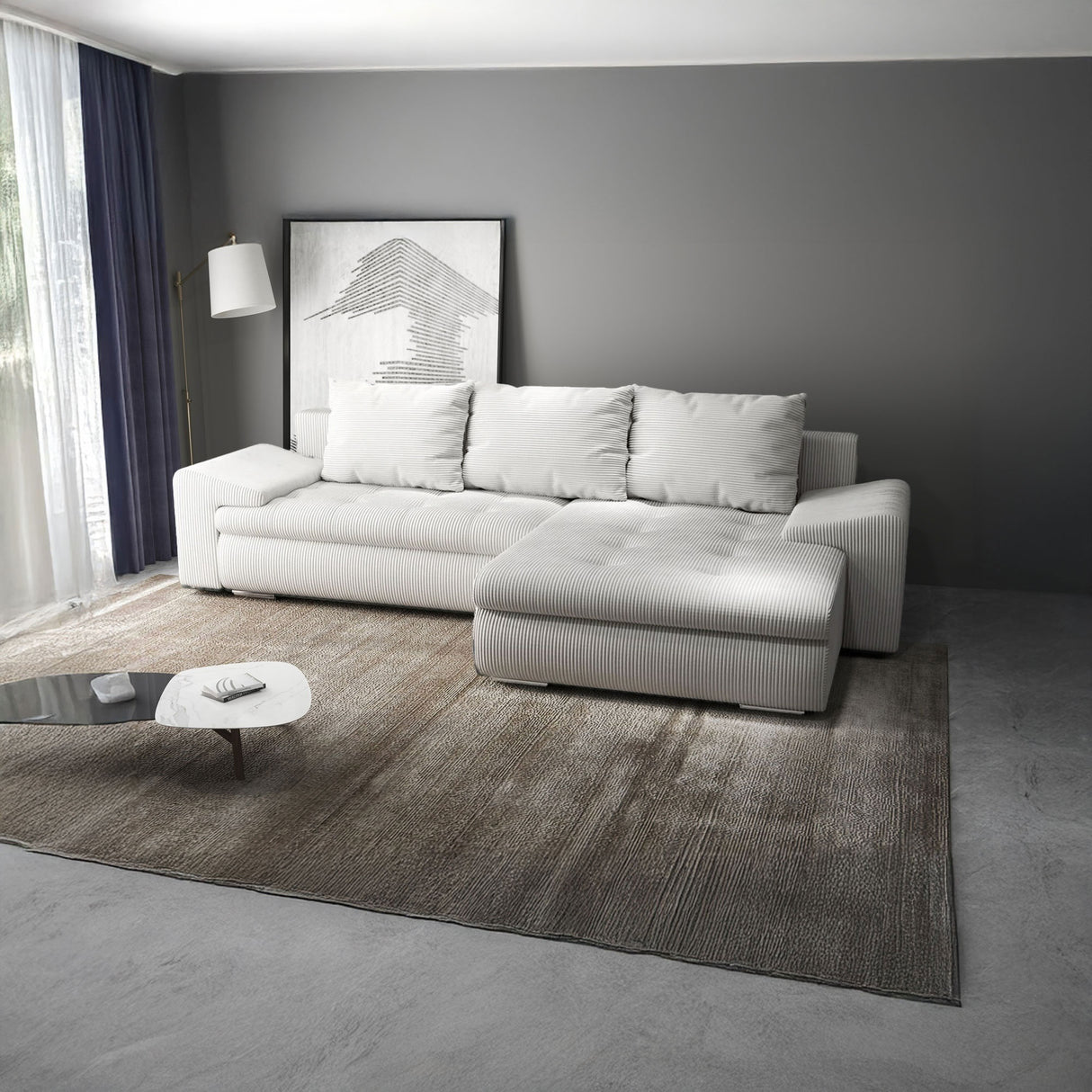 Colțar extensibil dumonde cu ladă de depozitare si sezut confortabil din spuma HR, Leonardo Zoom Gri 255x193 cm II