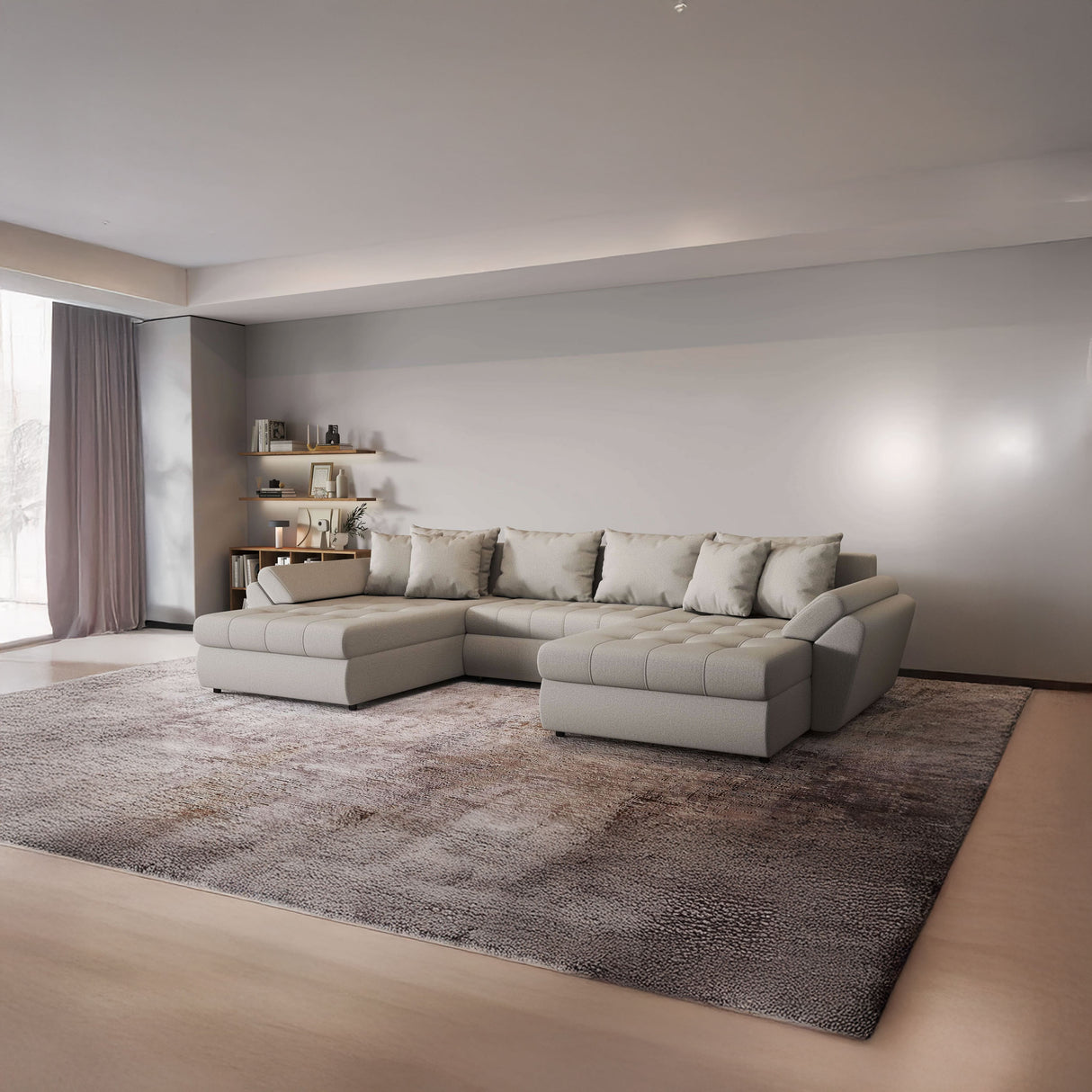 Colțar extensibil dumonde cu ladă de depozitare si sezut confortabil din spuma HR, Loana Bej U 355x185 cm