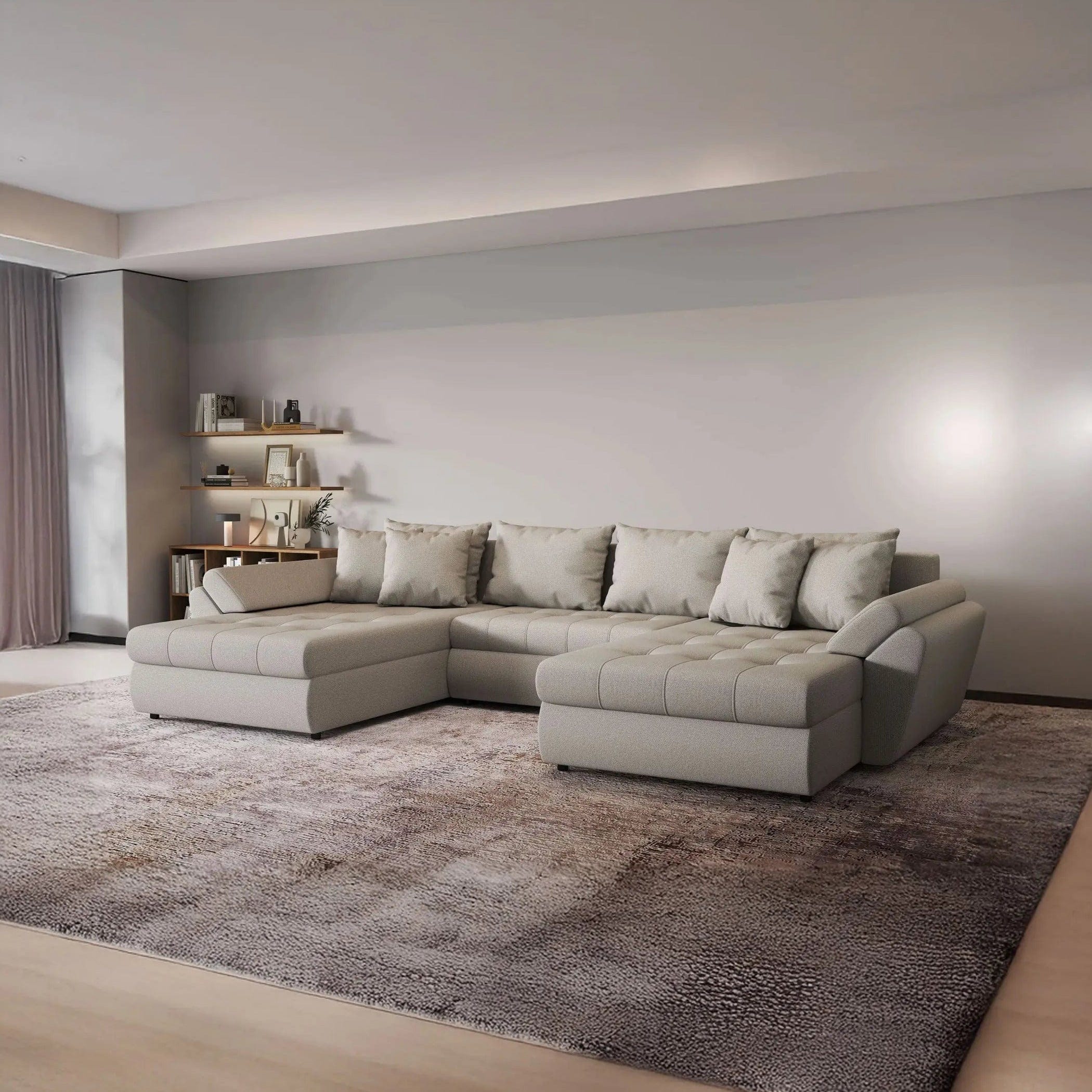 Colțar extensibil dumonde cu ladă de depozitare si sezut confortabil din spuma HR, Loana Bej U 355x185 cm Fabrica