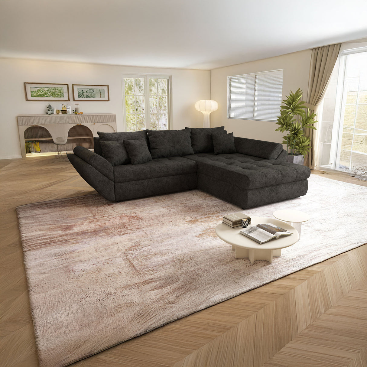 Colțar extensibil dumonde cu ladă de depozitare si sezut confortabil din spuma HR, Loana Negru 270x185 cm