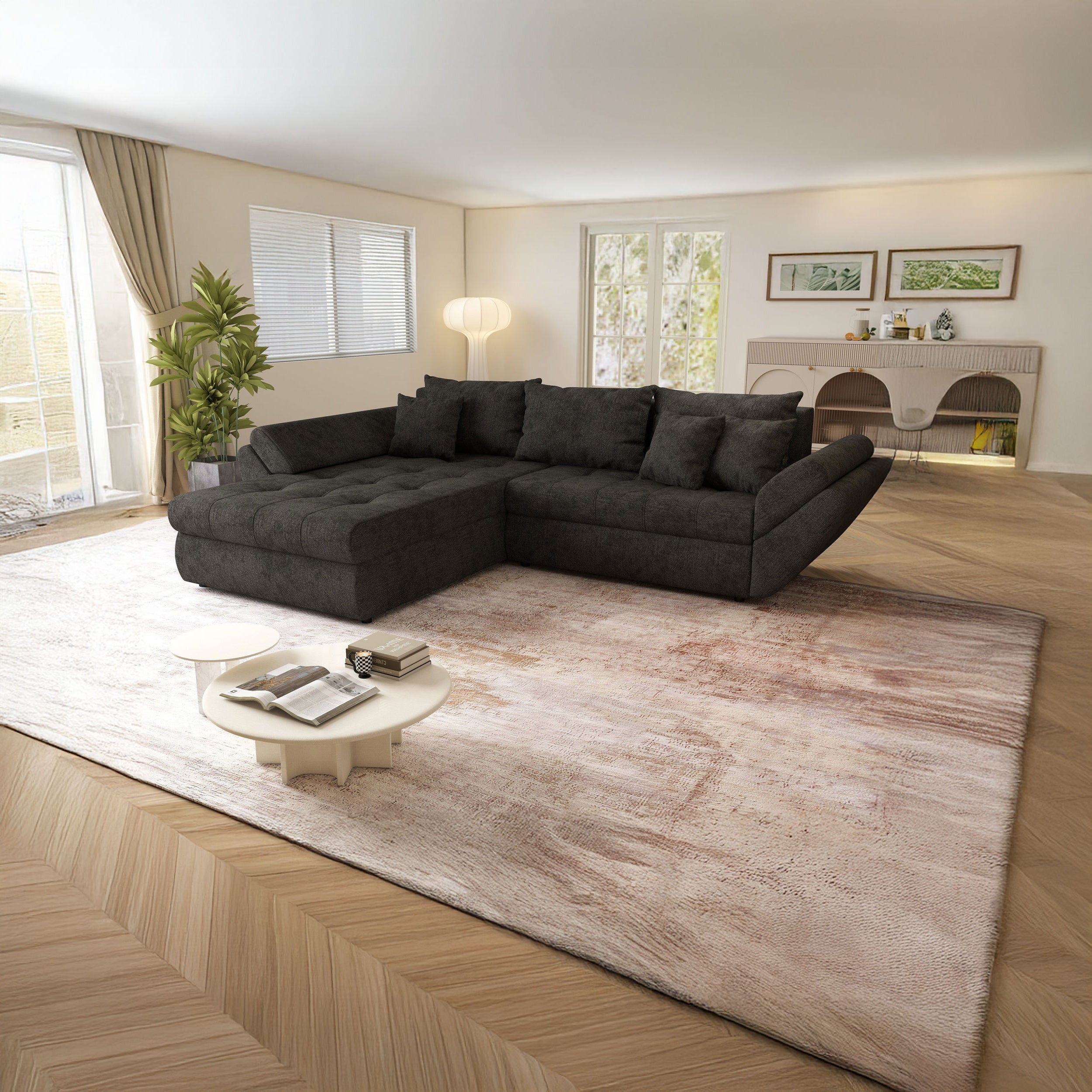 Colțar extensibil dumonde cu ladă de depozitare si sezut confortabil din spuma HR, Loana Negru II 270x185 cm Fabrica