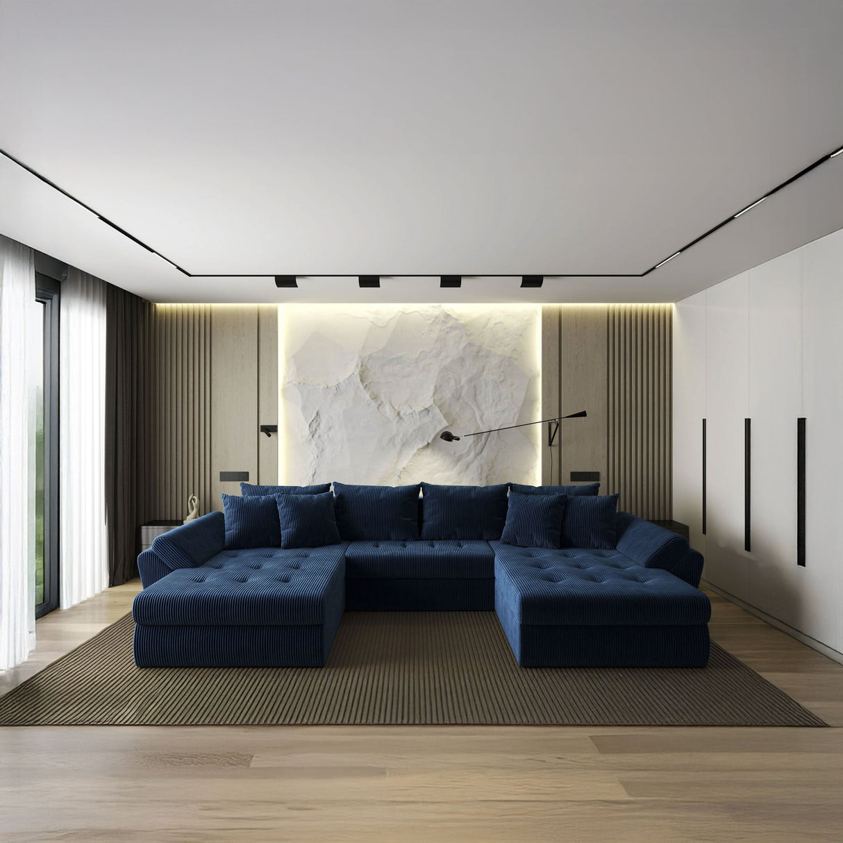 Colțar extensibil dumonde cu ladă de depozitare si sezut confortabil din spuma HR, Loana U Bleumarin Zoom 355x185 cm Fabrica