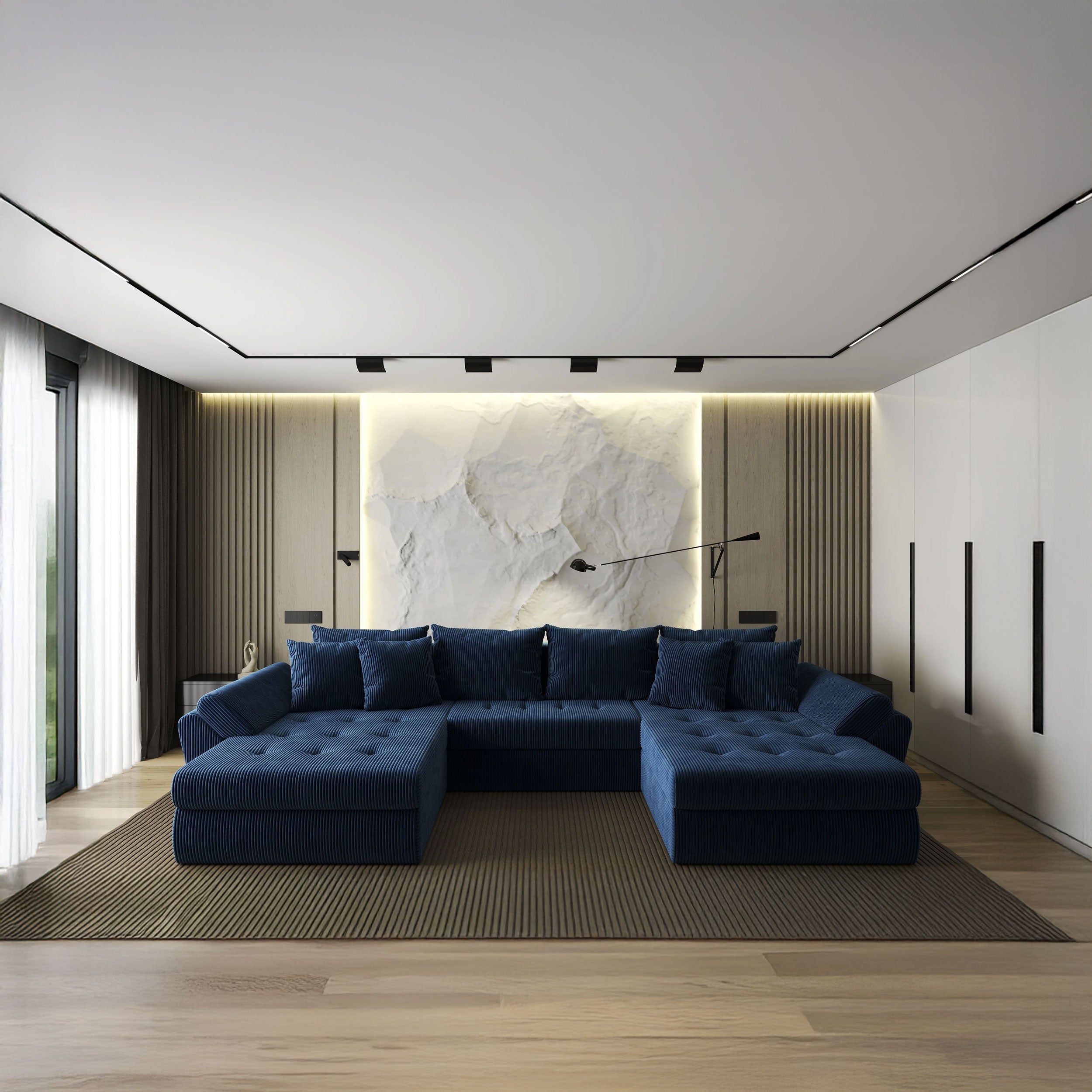 Colțar extensibil dumonde cu ladă de depozitare si sezut confortabil din spuma HR, Loana U Bleumarin Zoom 355x185 cm Fabrica
