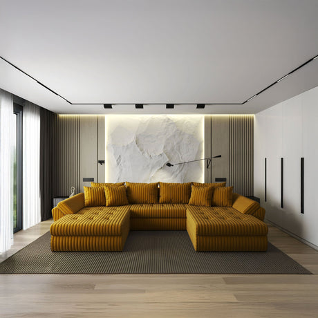 Colțar extensibil dumonde cu ladă de depozitare si sezut confortabil din spuma HR, Loana U Mustar Ambience 355x185 cm Fabrica